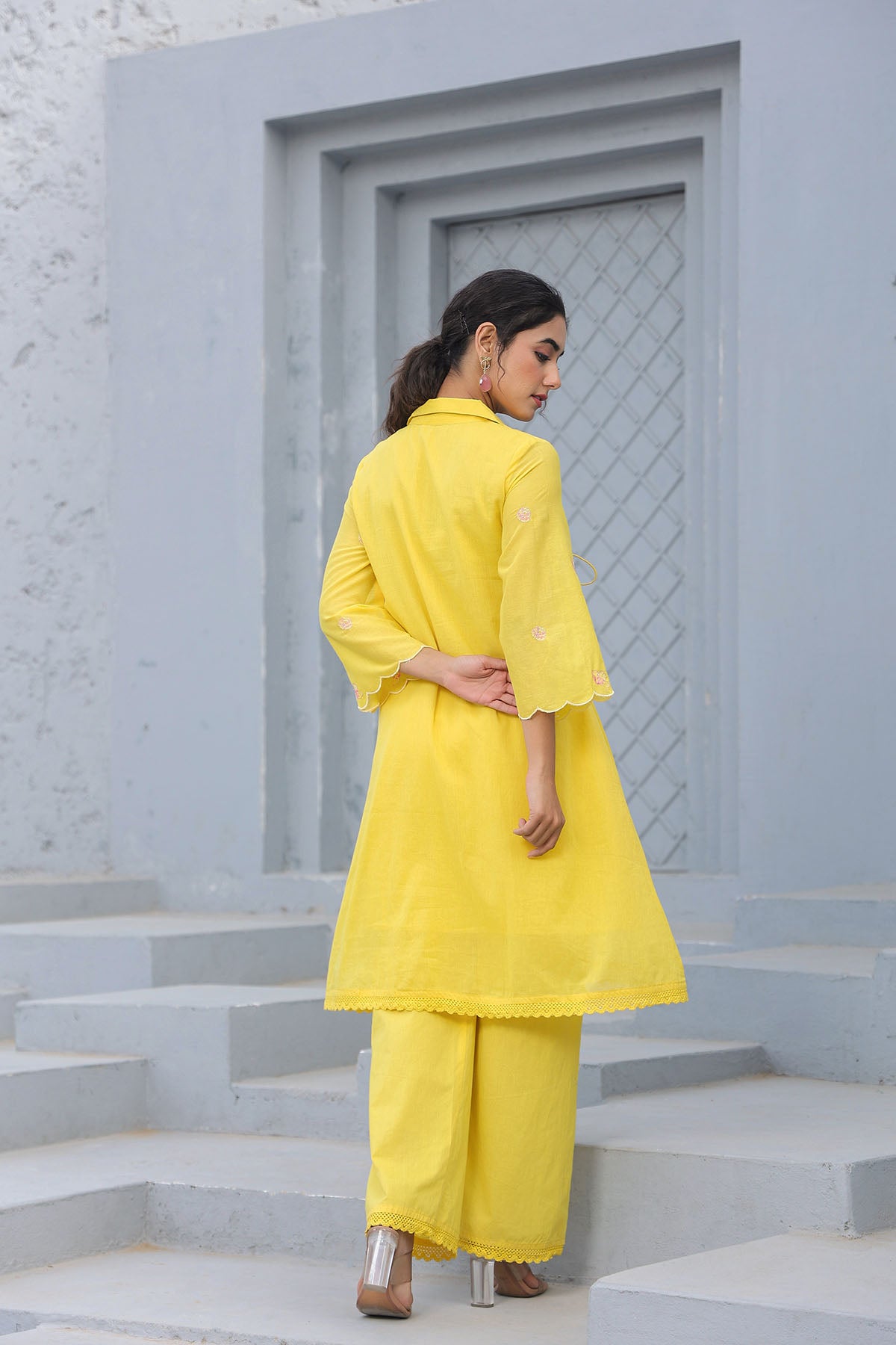 Yellow Cotton Embroidered Co-Ord Set