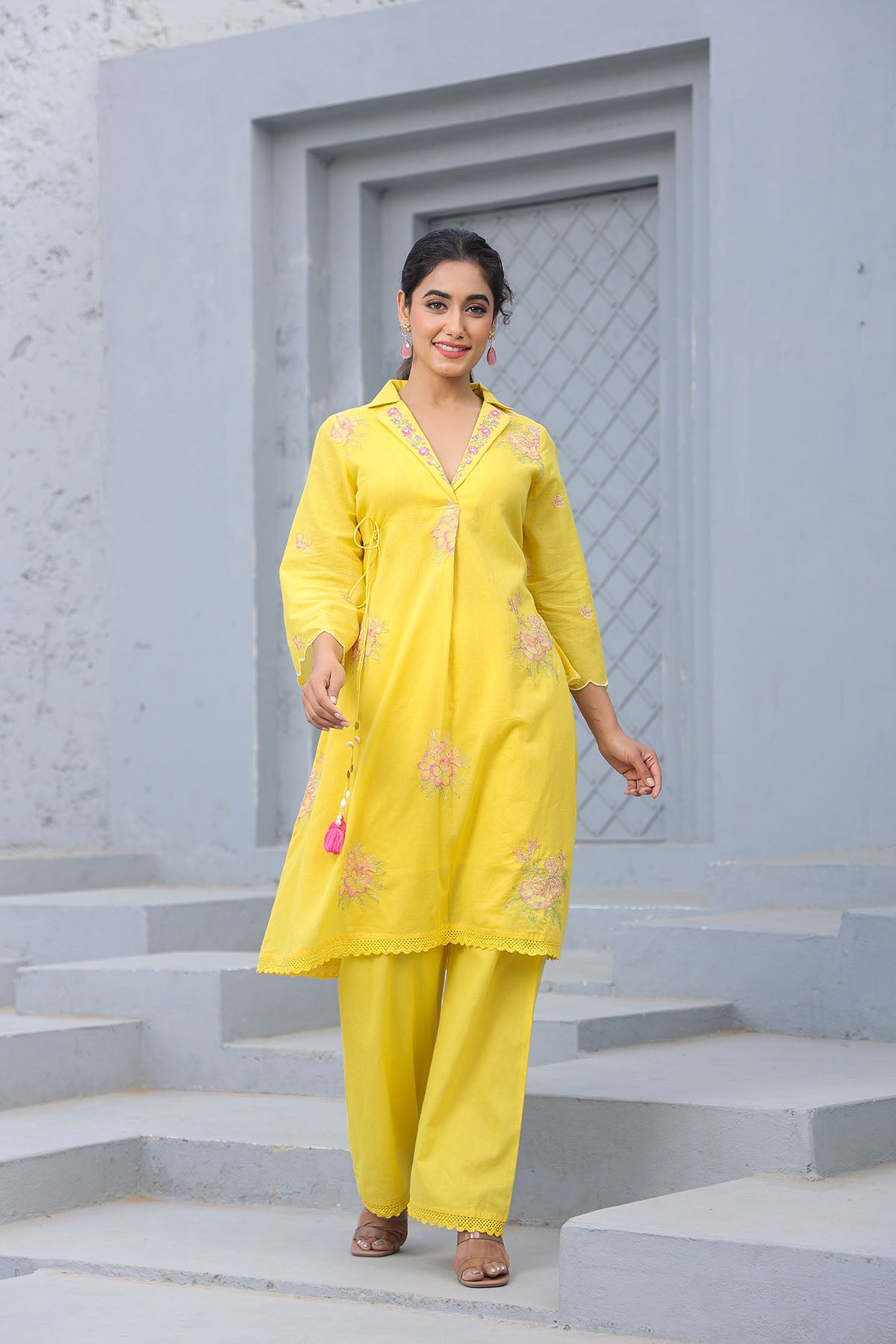 Yellow Cotton Embroidered Co-Ord Set