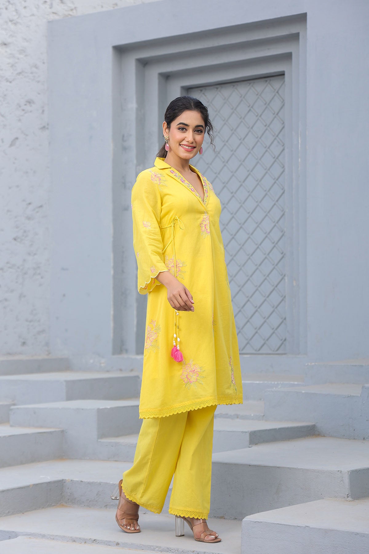 Yellow Cotton Embroidered Co-Ord Set