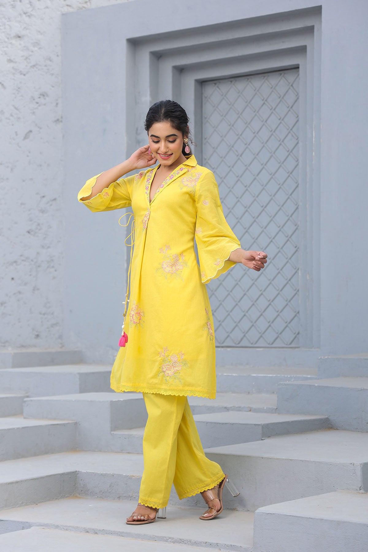 Yellow Cotton Embroidered Co-Ord Set
