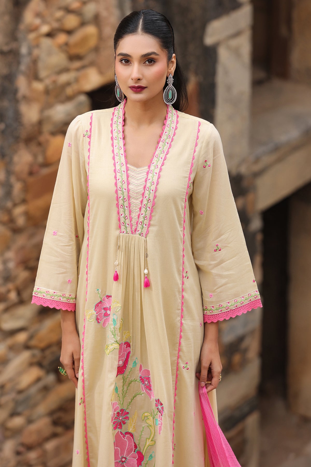 Beige Mul Mul Embroidered Suit Set With Dupataa