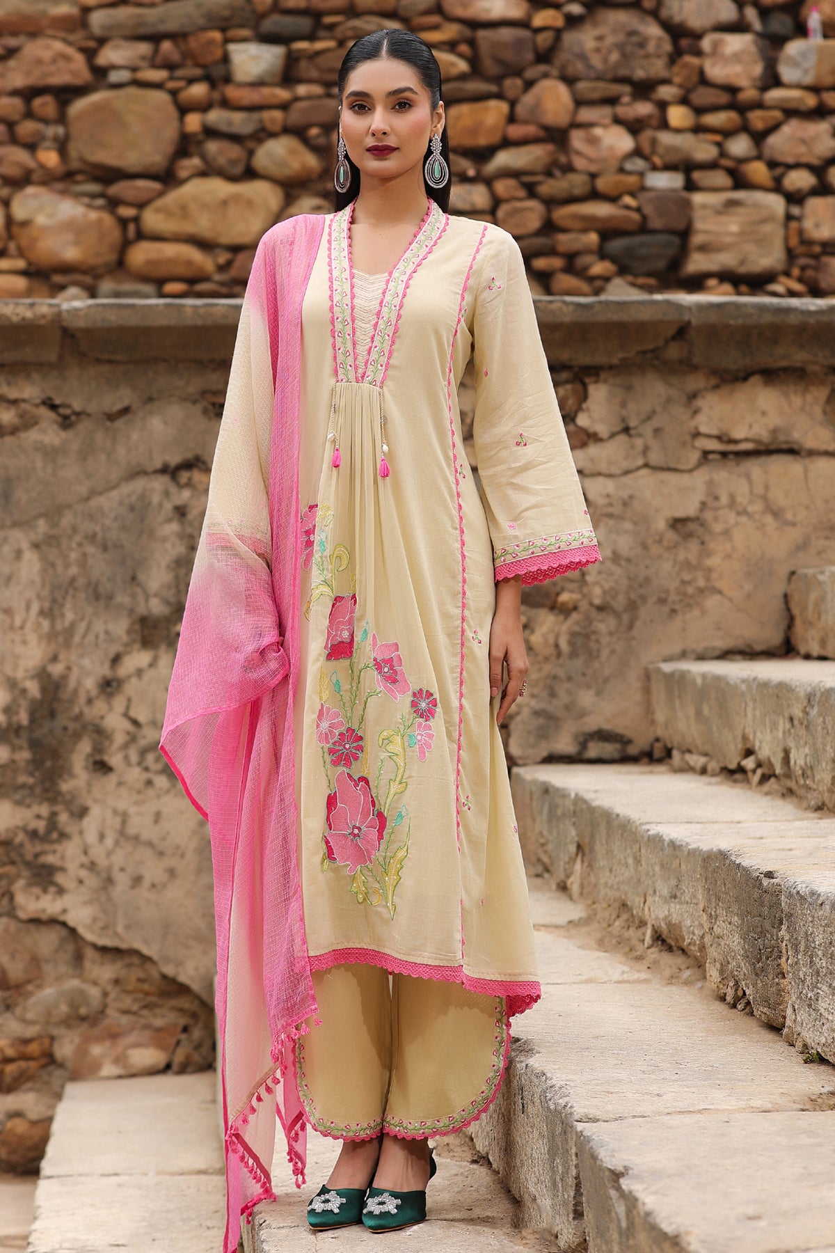 Beige Mul Mul Embroidered Suit Set With Dupataa