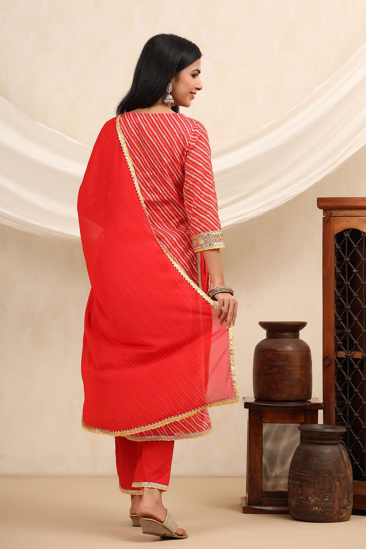 Red Cotton Gotapatti Straight-Cut Suit