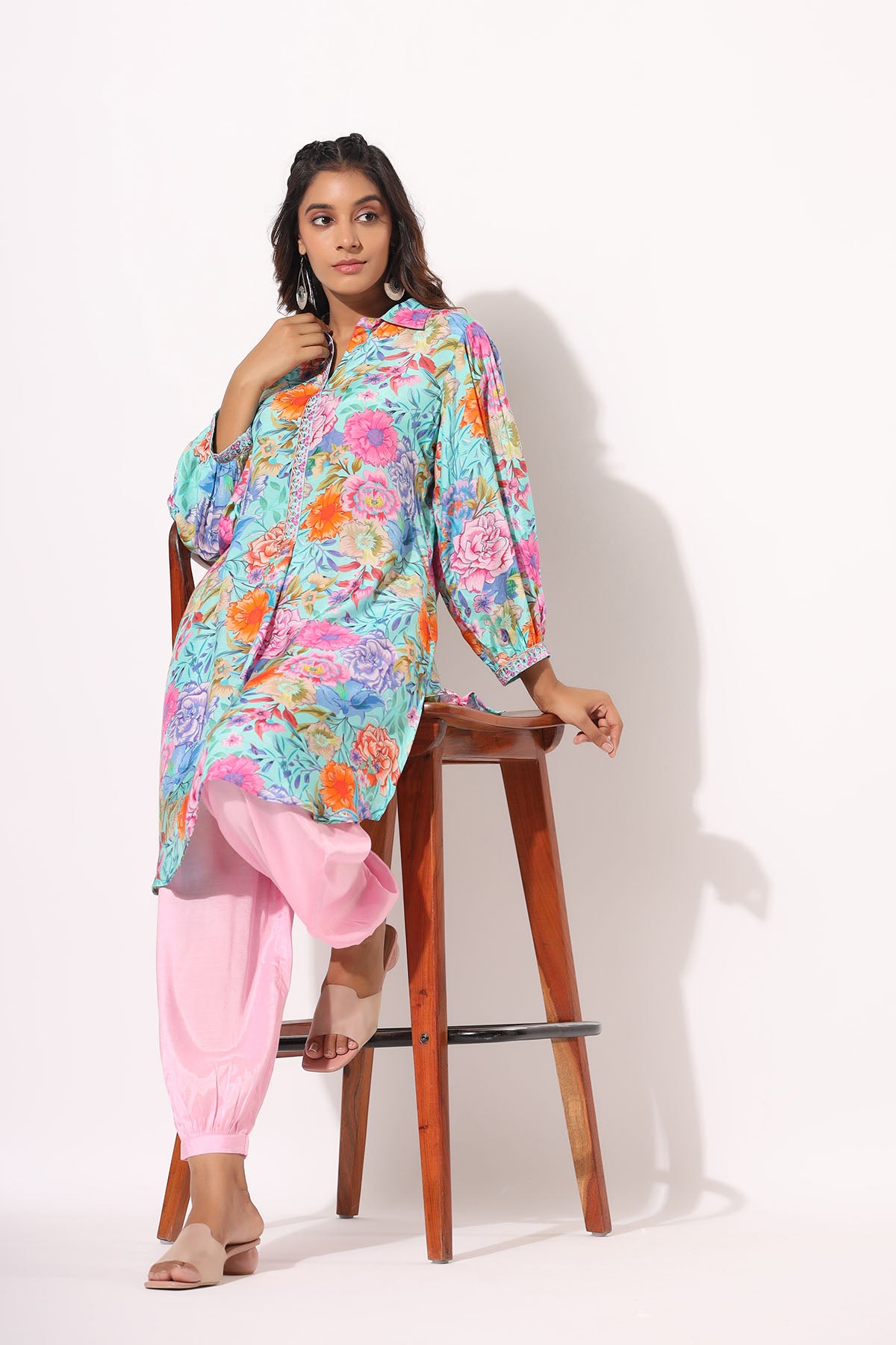 Blue Floral Muslin Handwork Co-ord Set