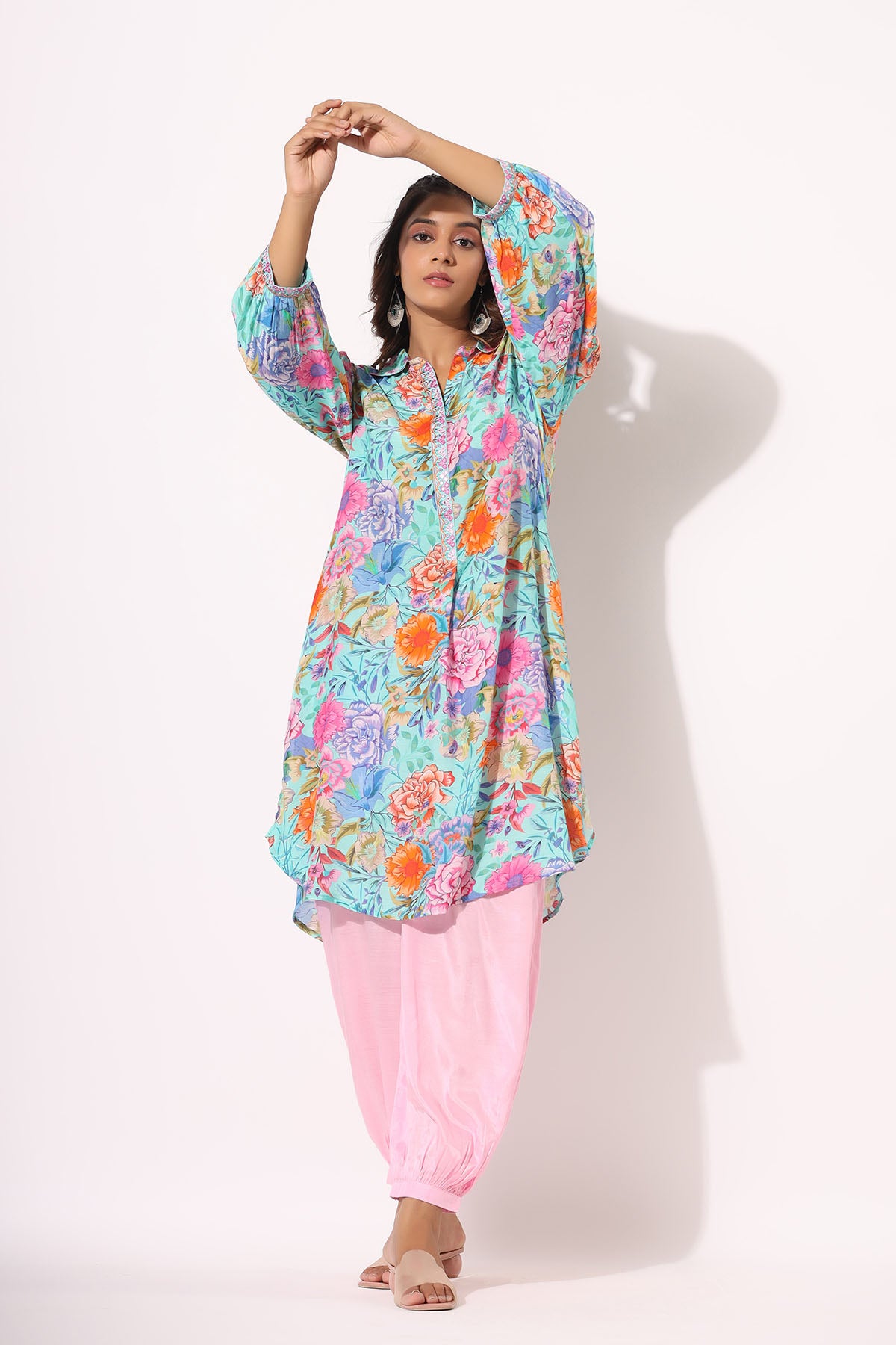 Blue Floral Muslin Handwork Co-ord Set