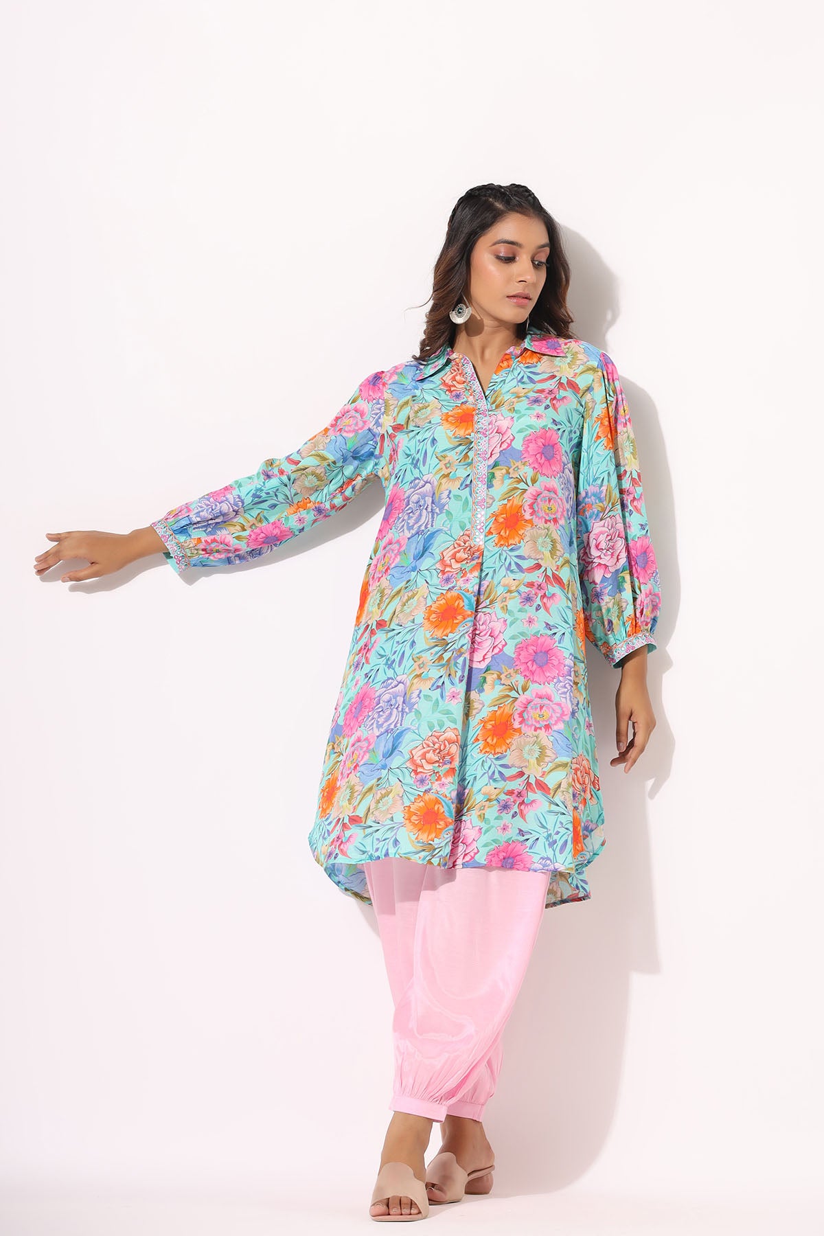 Blue Floral Muslin Handwork Co-ord Set