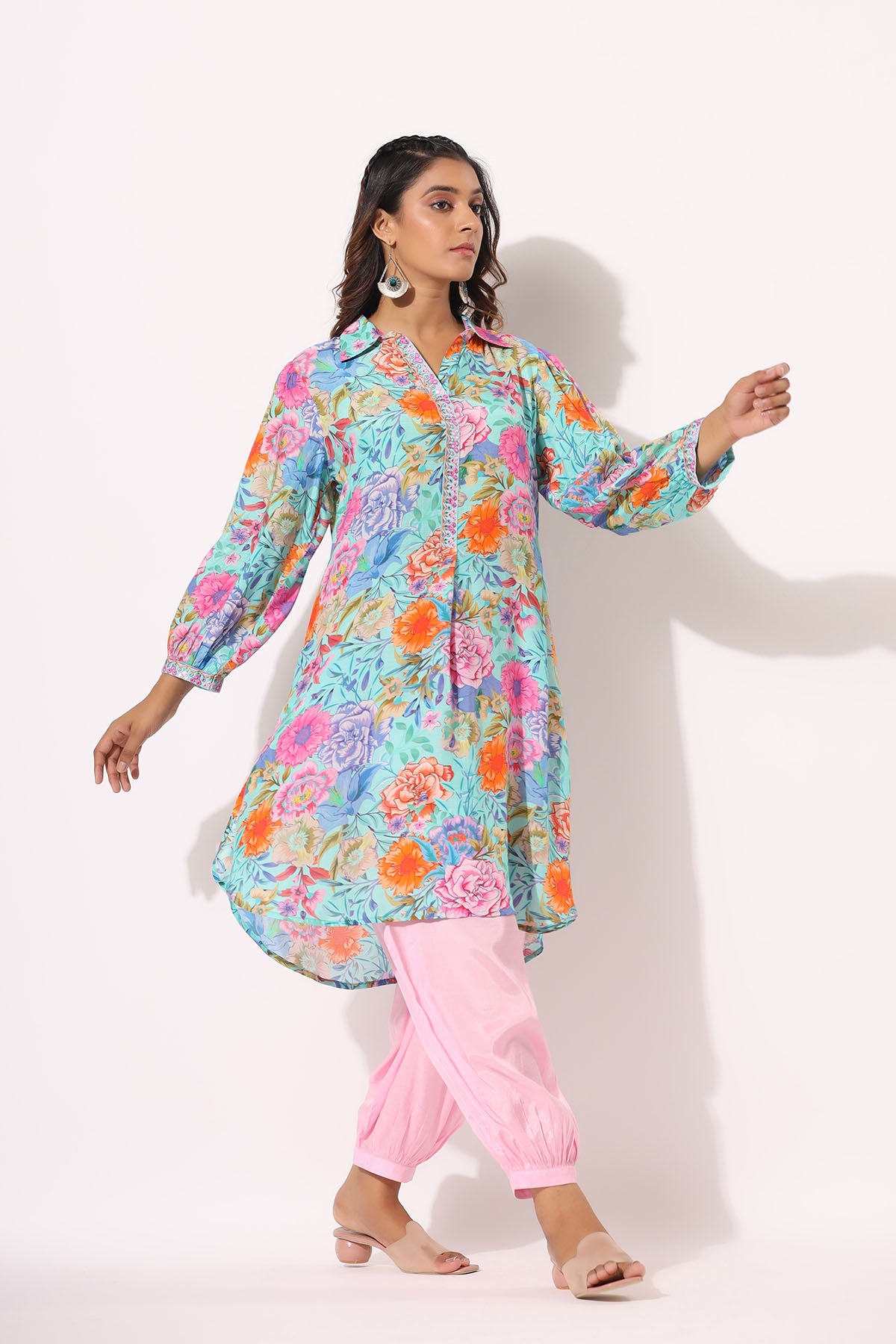 Blue Floral Muslin Handwork Co-ord Set