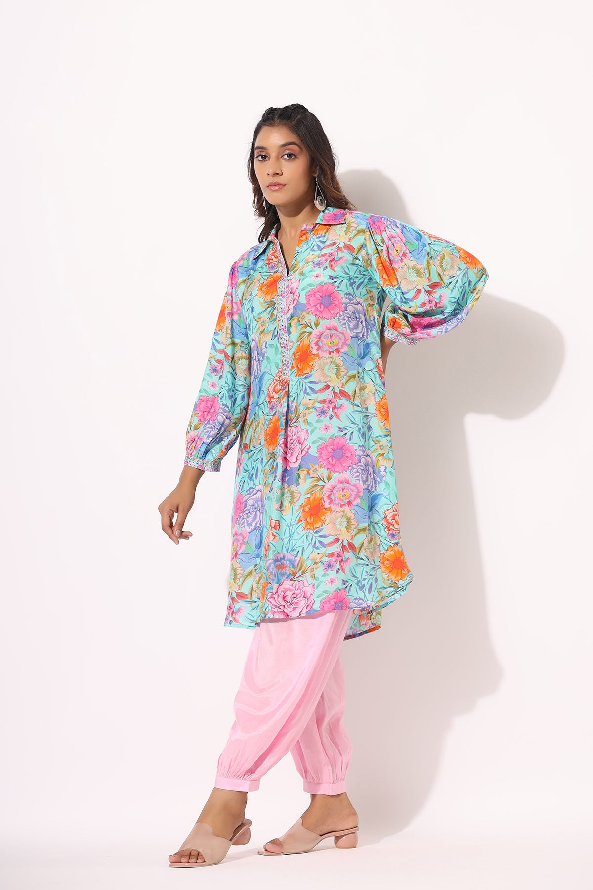 Blue Floral Muslin Handwork Co-ord Set