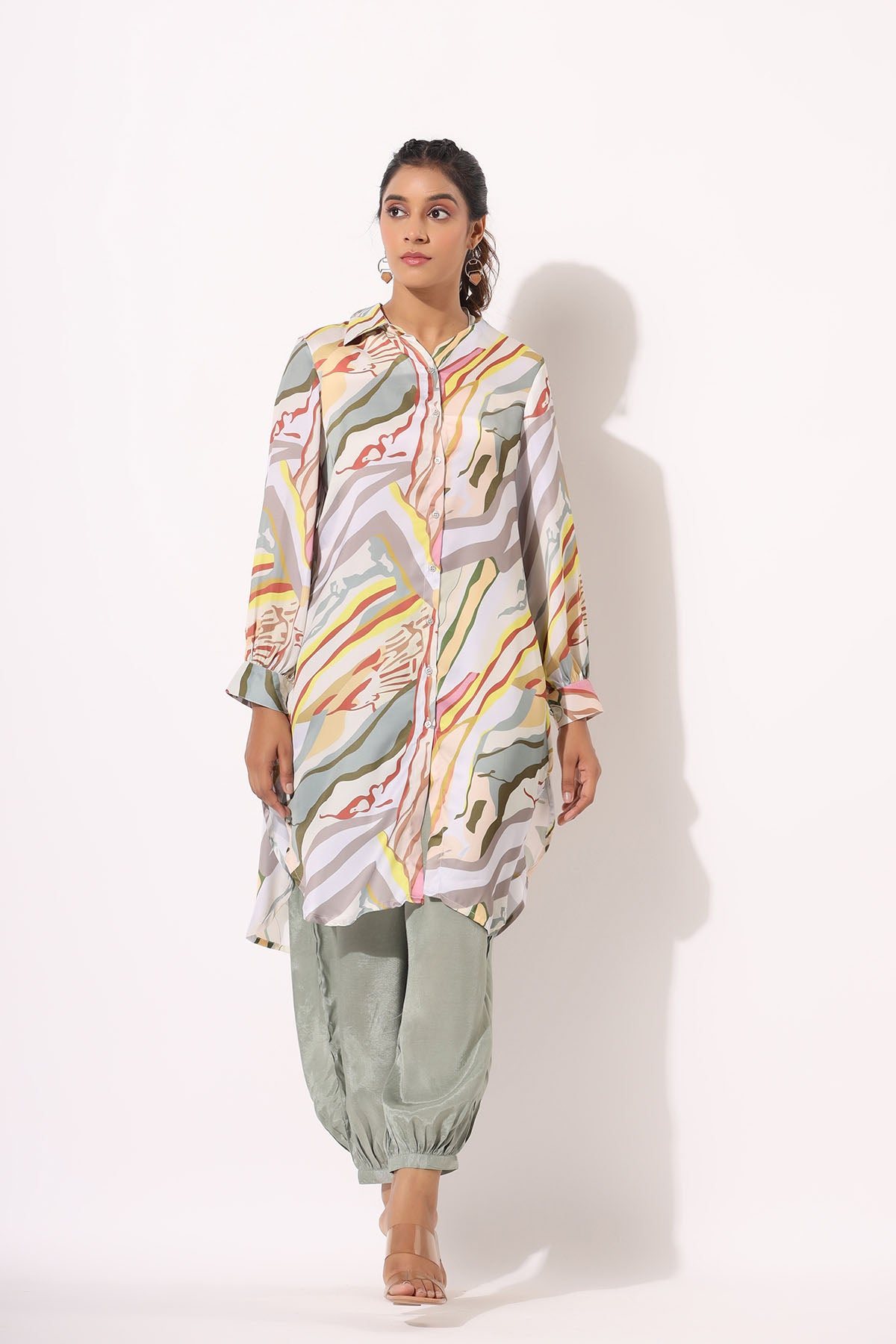 Green Multicolor Satin Printed Co-ord Set