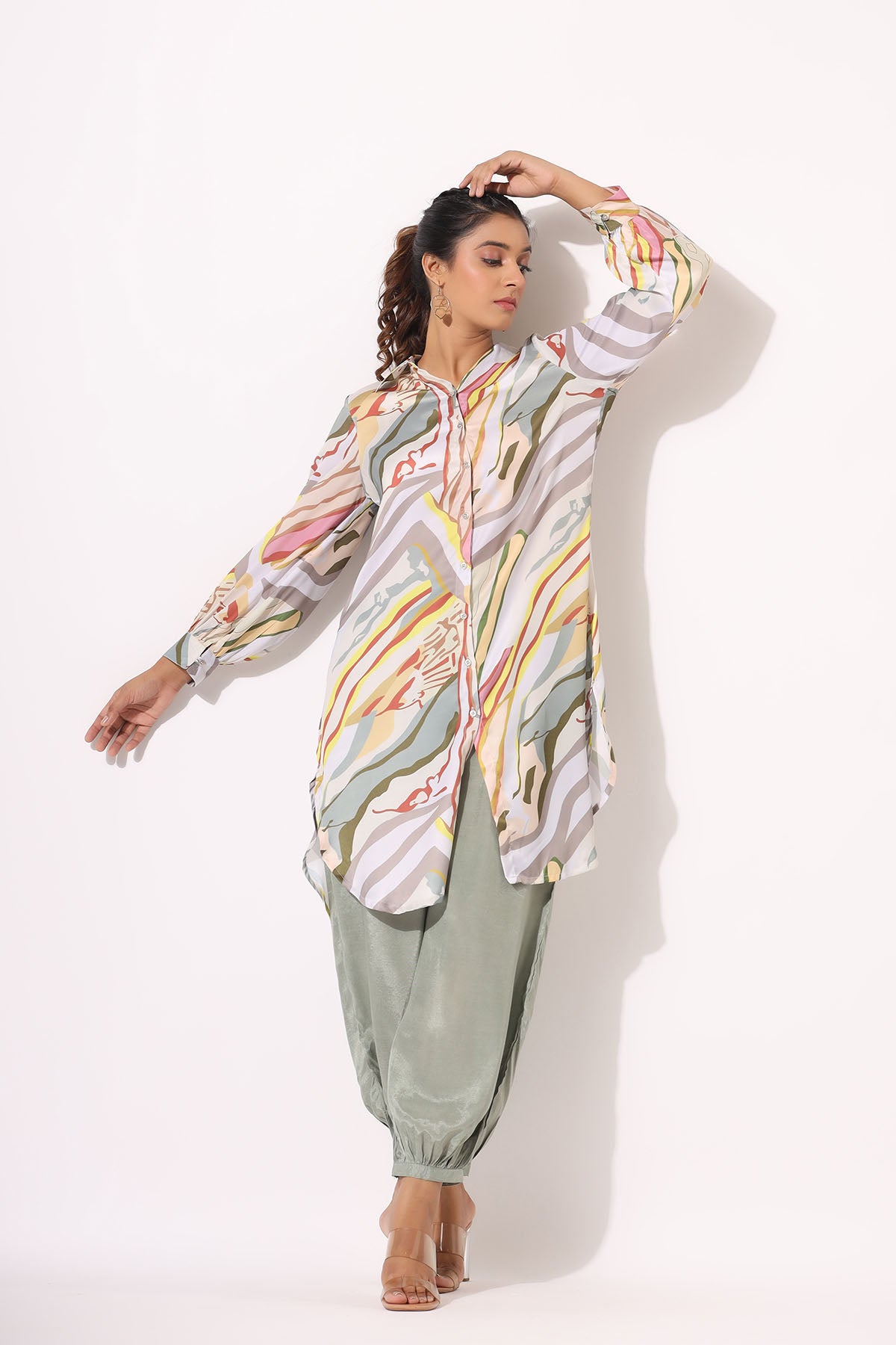 Green Multicolor Satin Printed Co-ord Set