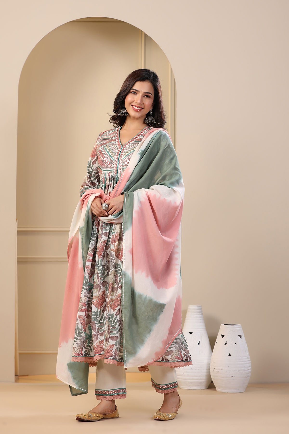 Green Floral Cotton Front-Cut Suit