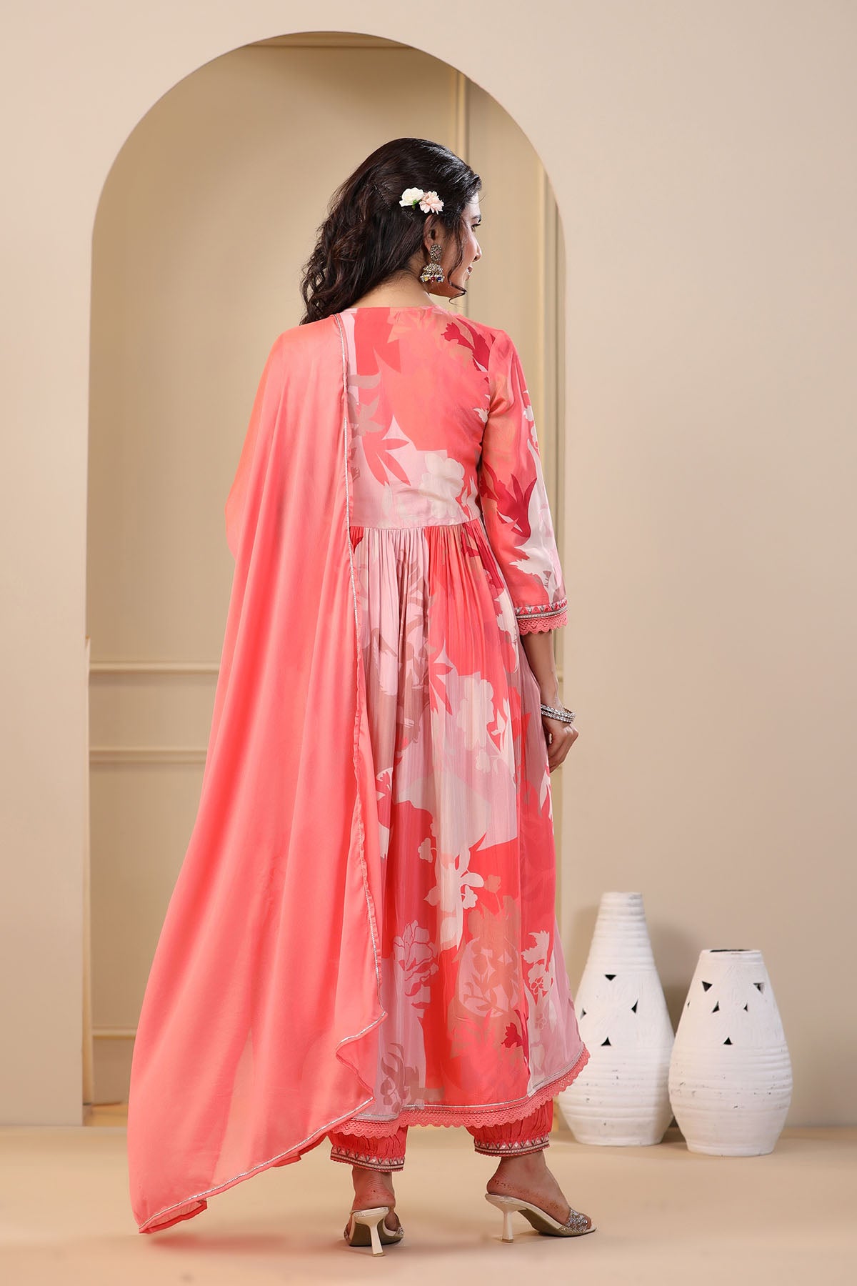 Peach Multicolor Muslin Printed Anarkali Suit