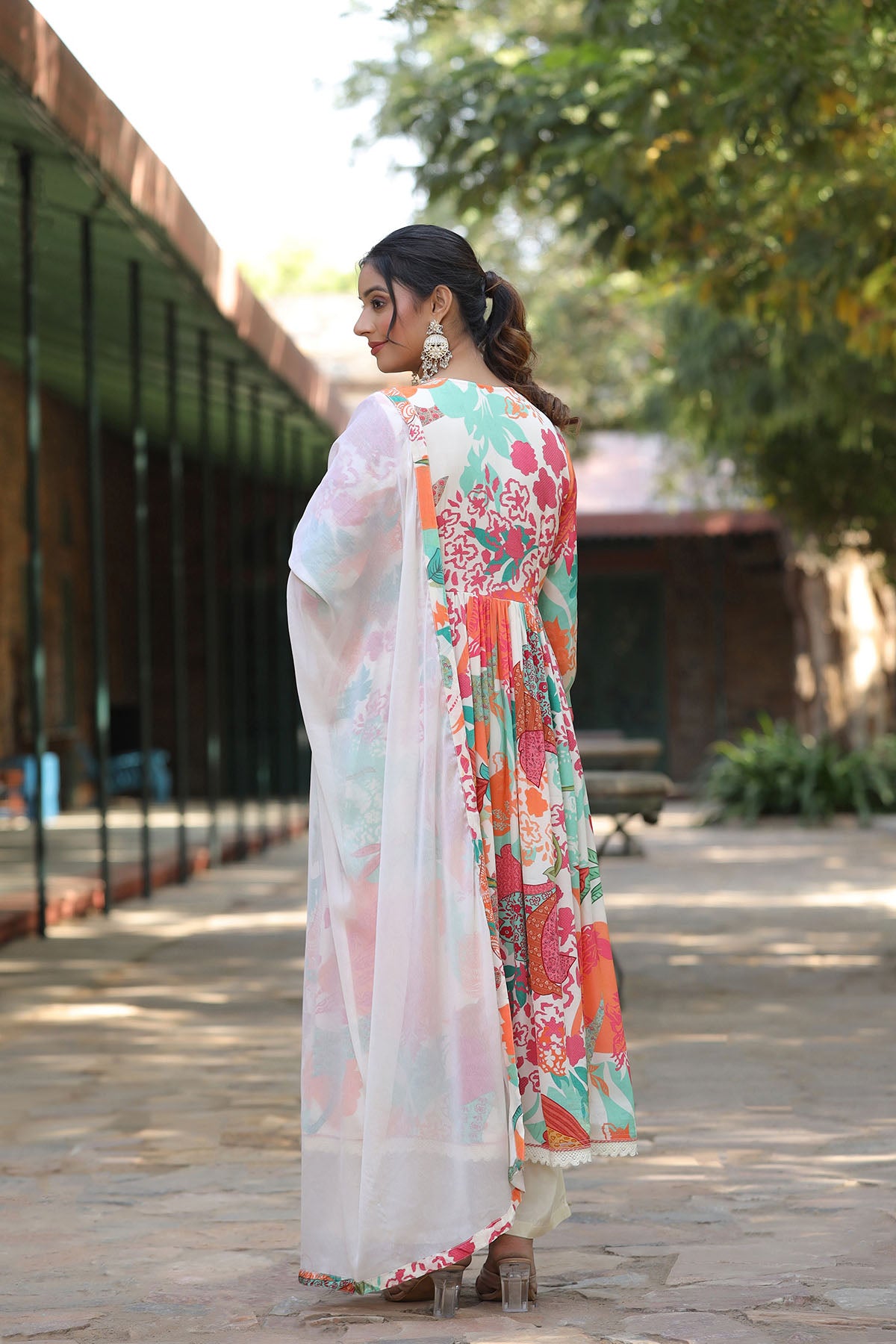 White Floral Viscose Crepe Anarkali Suit