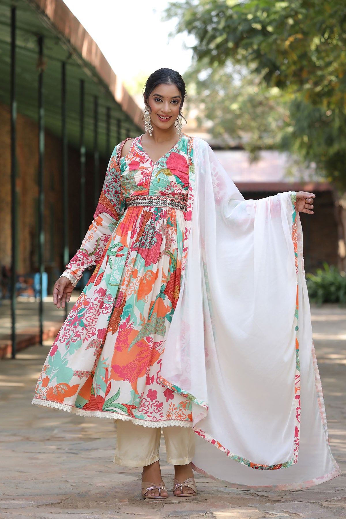 White Floral Viscose Crepe Anarkali Suit