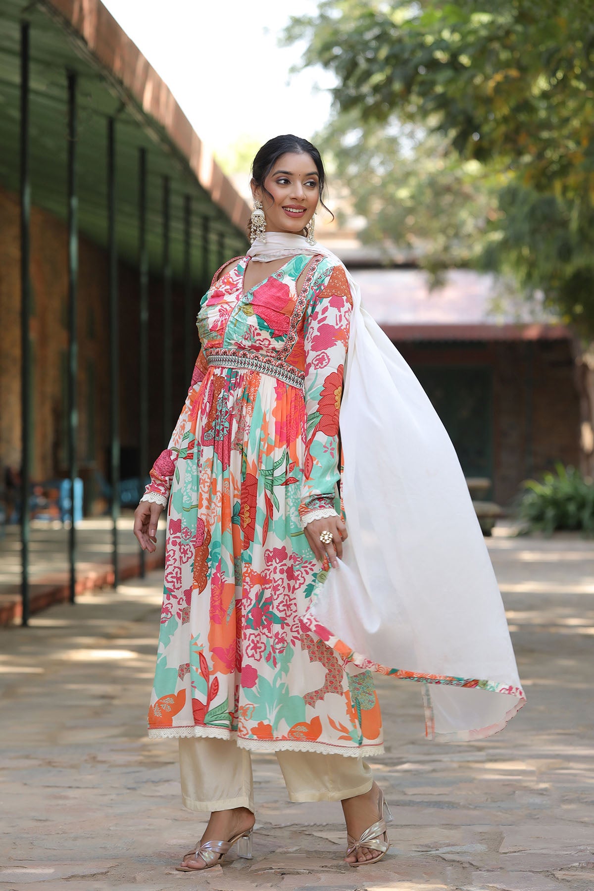 White Floral Viscose Crepe Anarkali Suit
