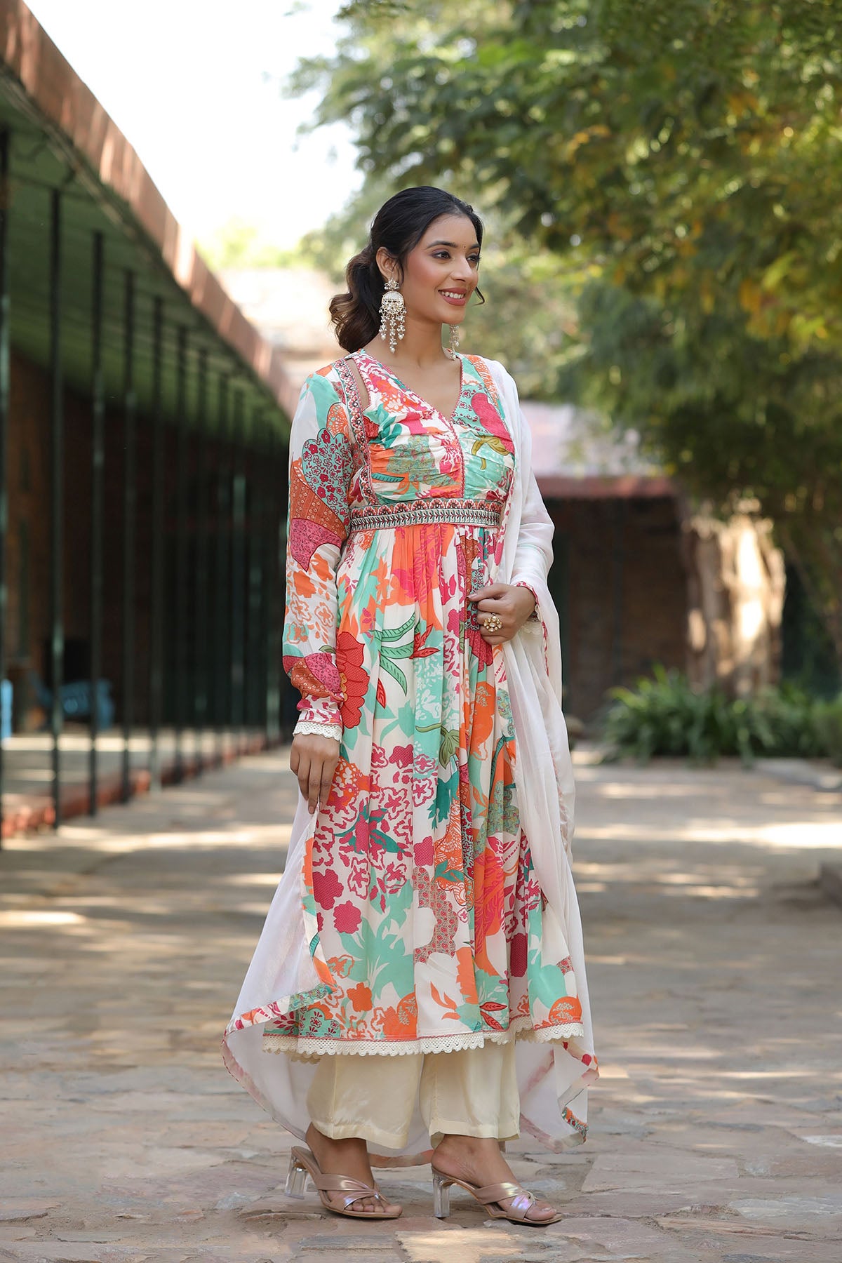 White Floral Viscose Crepe Anarkali Suit