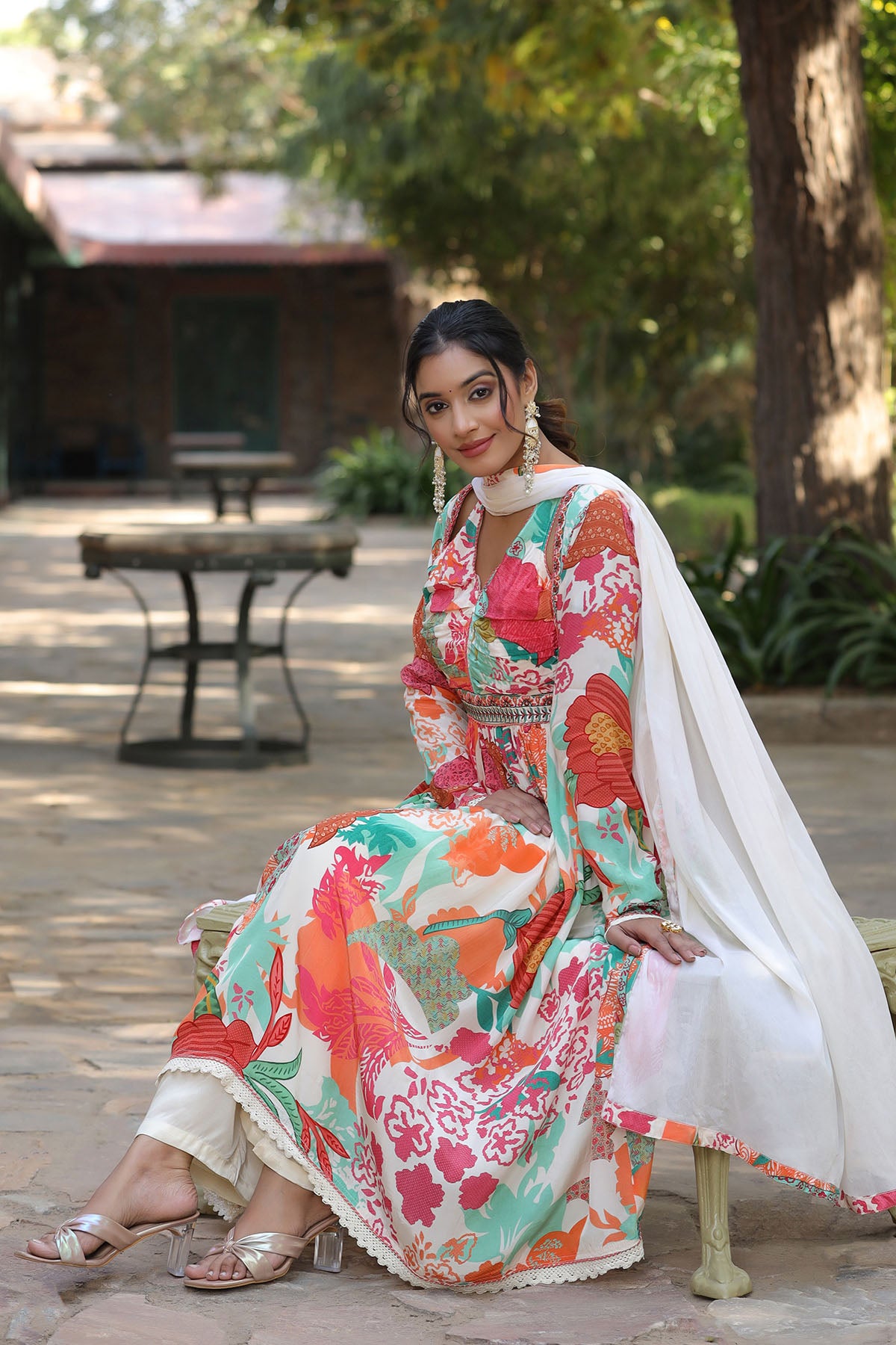 White Floral Viscose Crepe Anarkali Suit