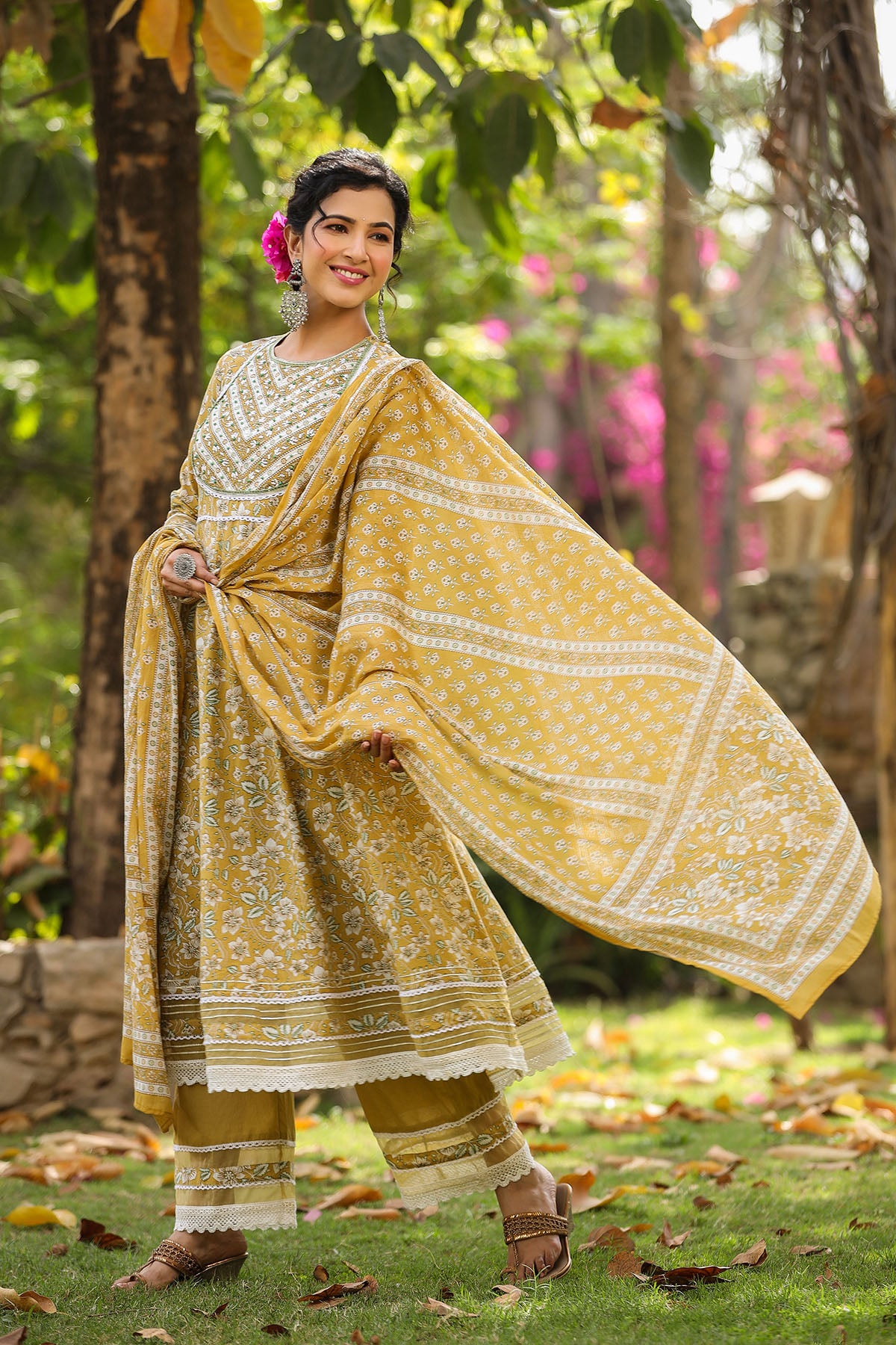 Yellow Cotton Handwork Anarkali Suit