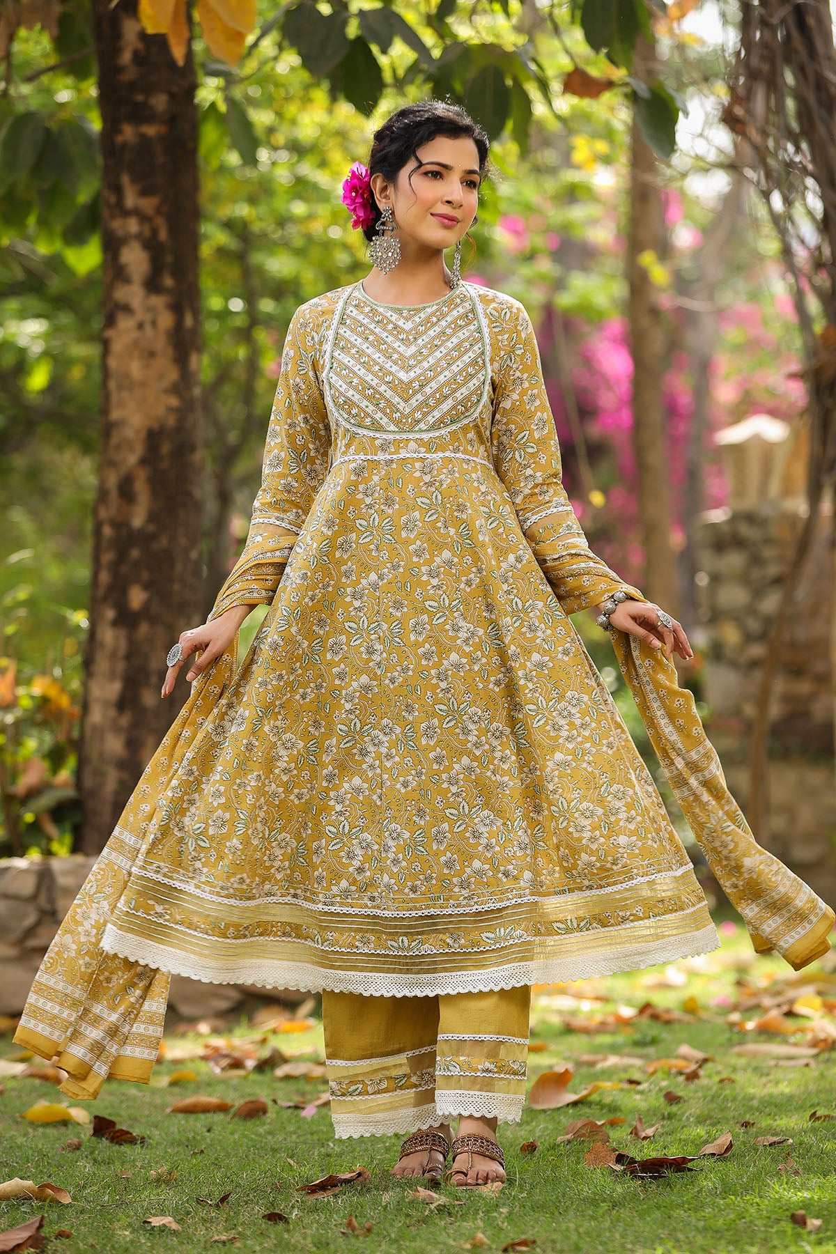 Yellow Cotton Handwork Anarkali Suit