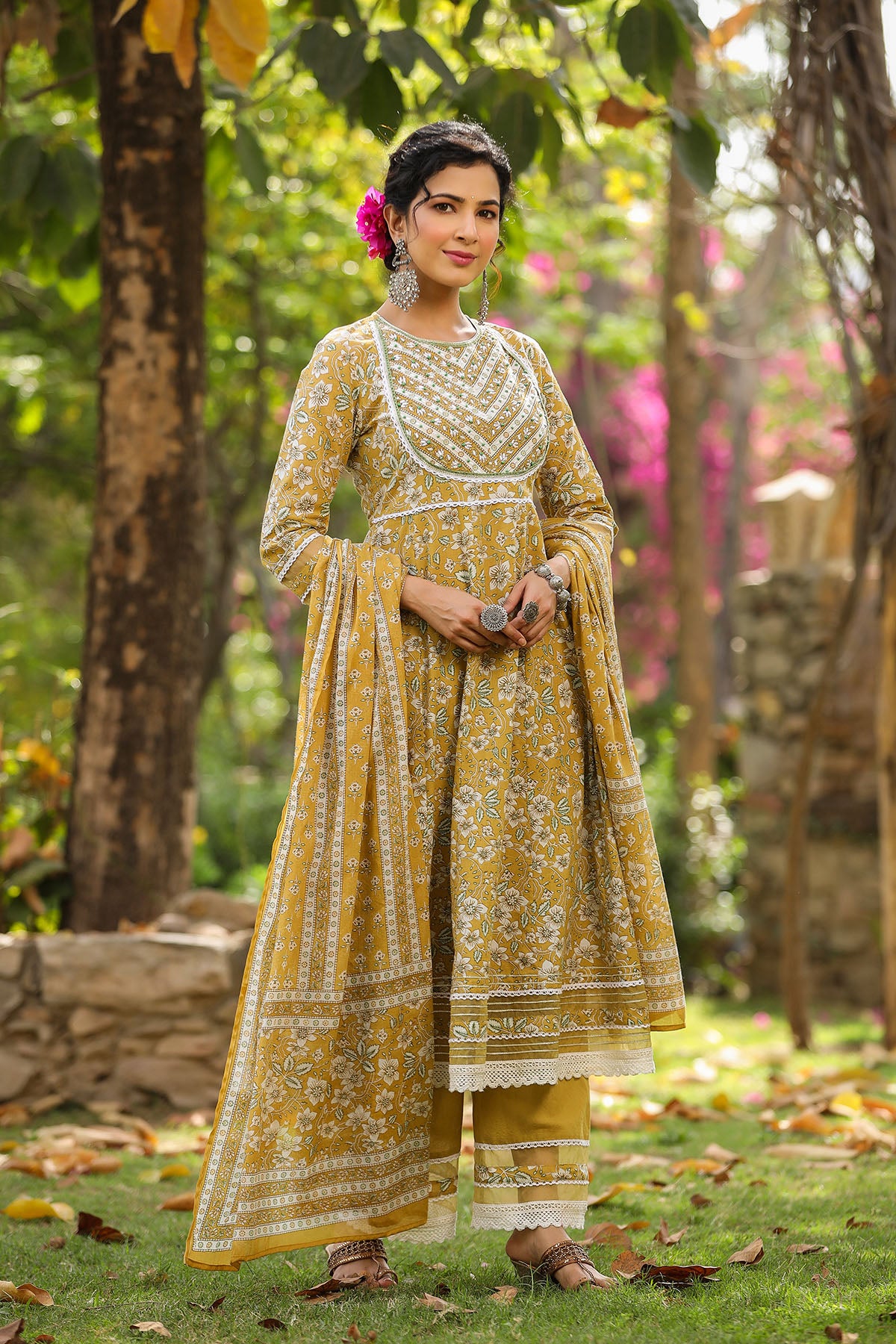 Yellow Cotton Handwork Anarkali Suit