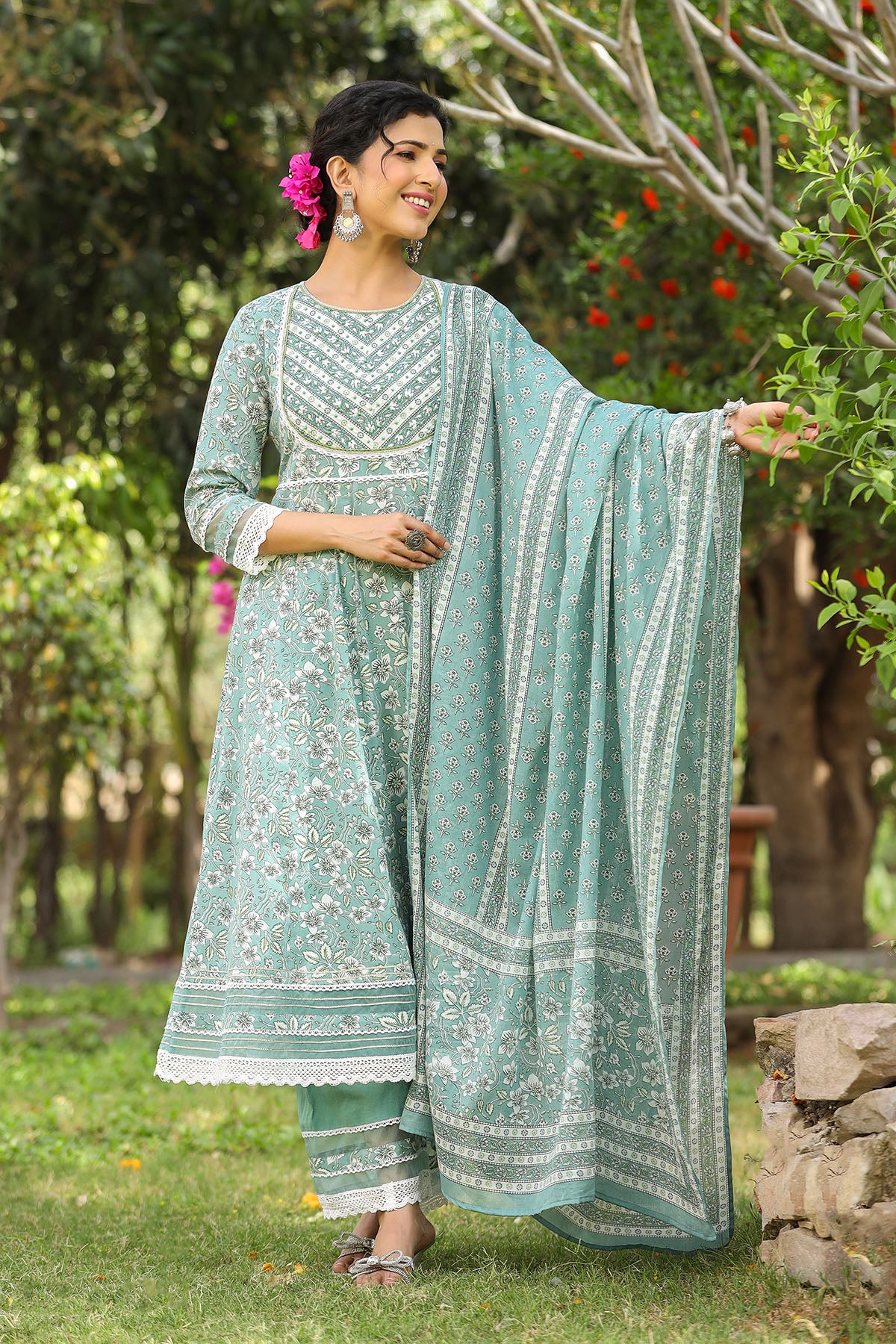 Blue Cotton Handwork Anarkali Suit