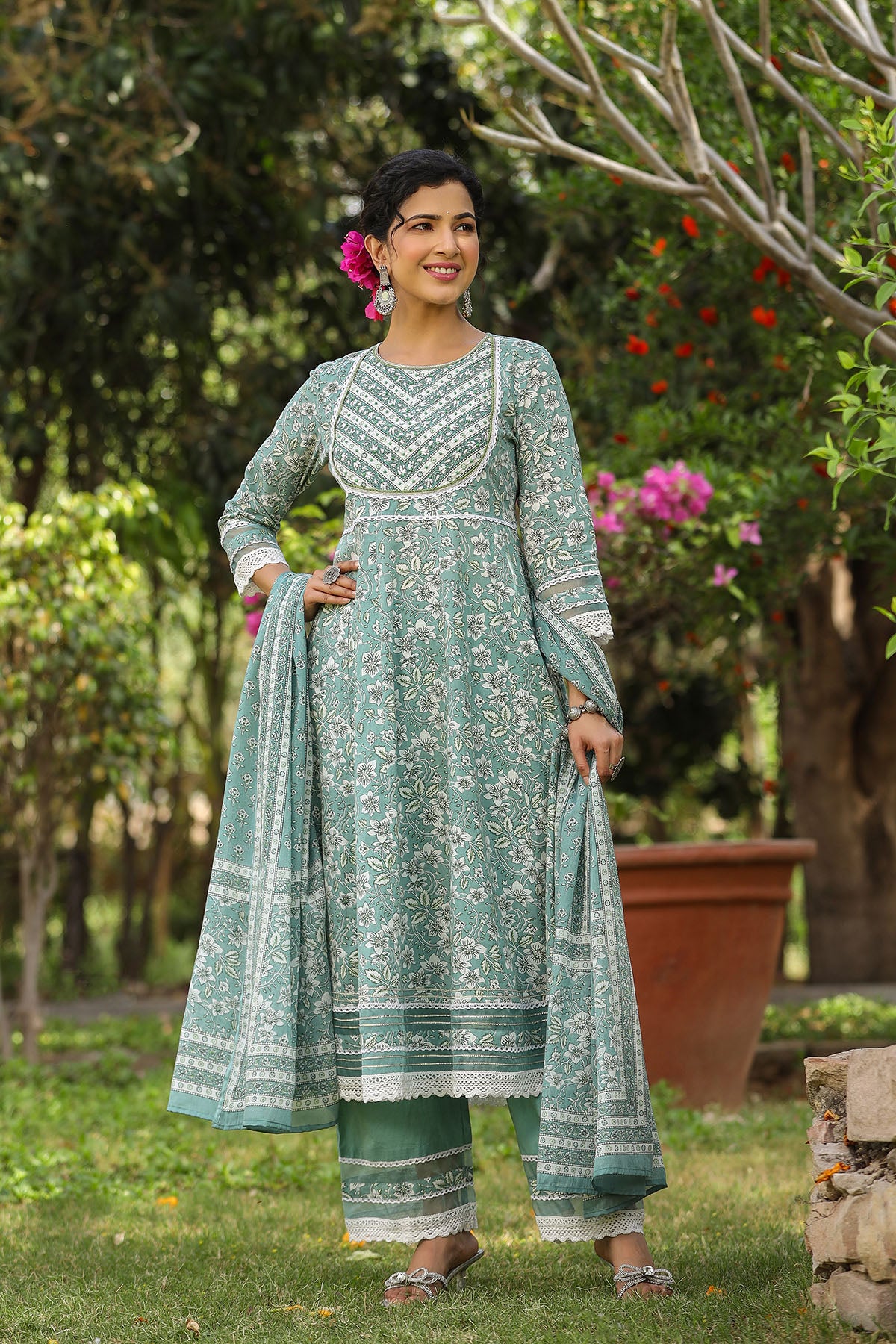 Blue Cotton Handwork Anarkali Suit
