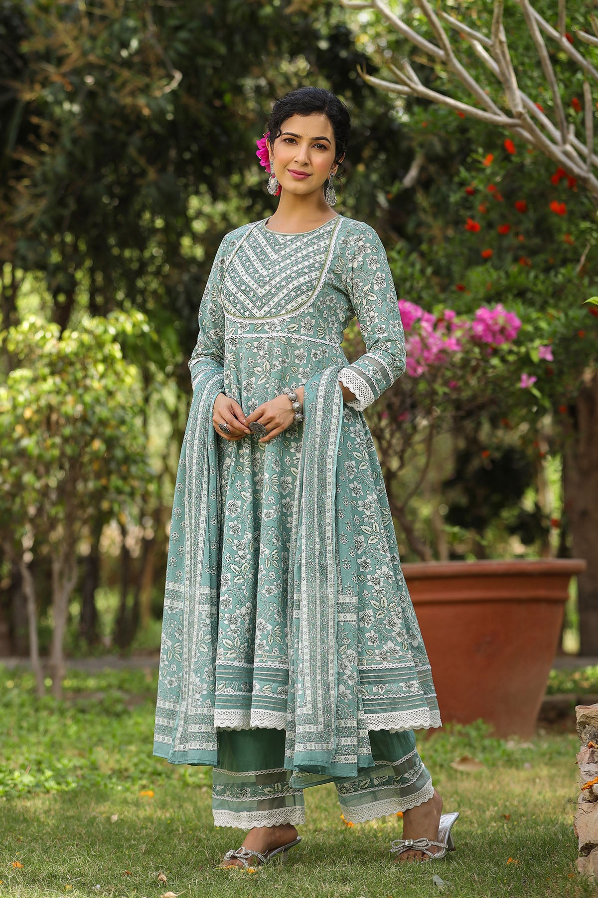 Blue Cotton Handwork Anarkali Suit