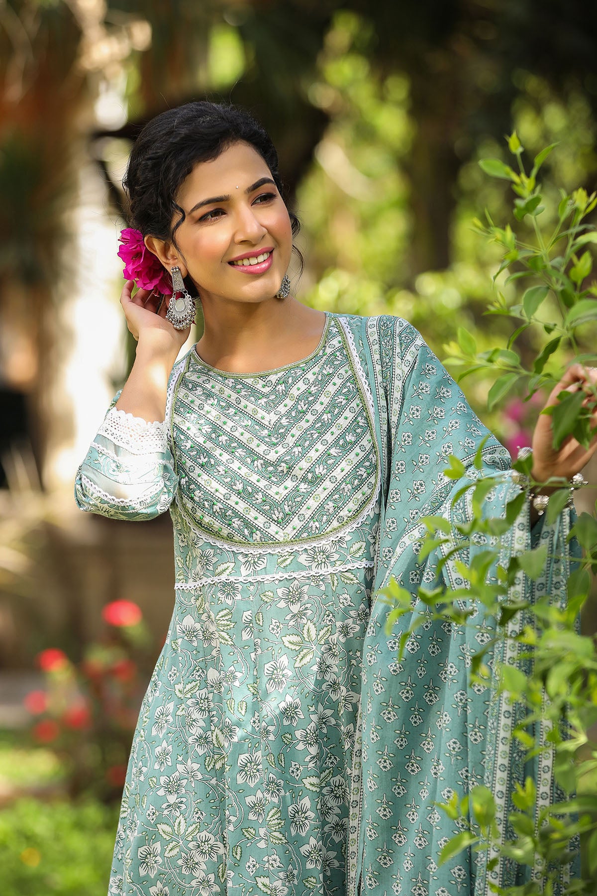 Blue Cotton Handwork Anarkali Suit