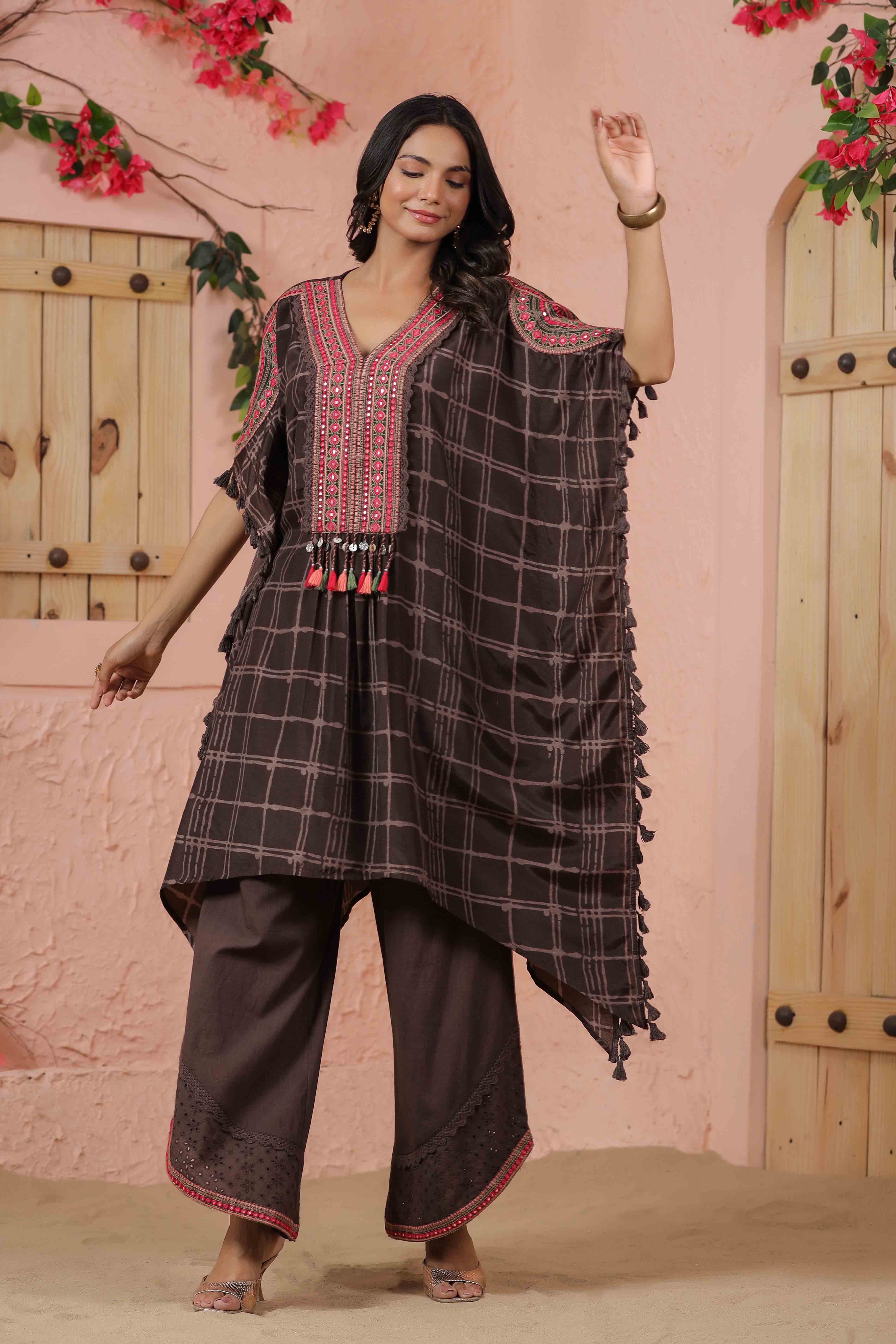 Brown Embroidered Kaftan Set