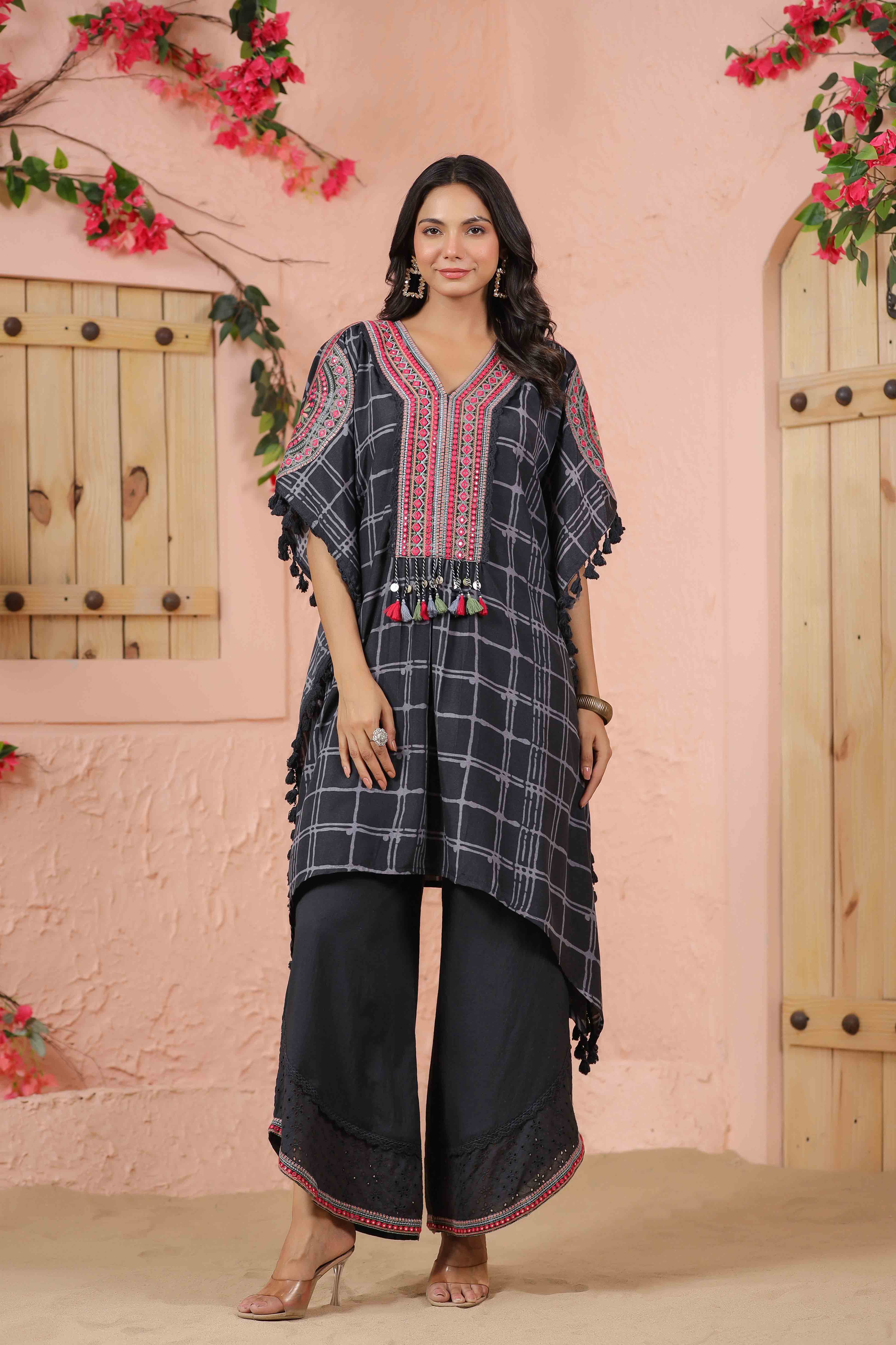 Charcoal Embroidered Kaftan Set