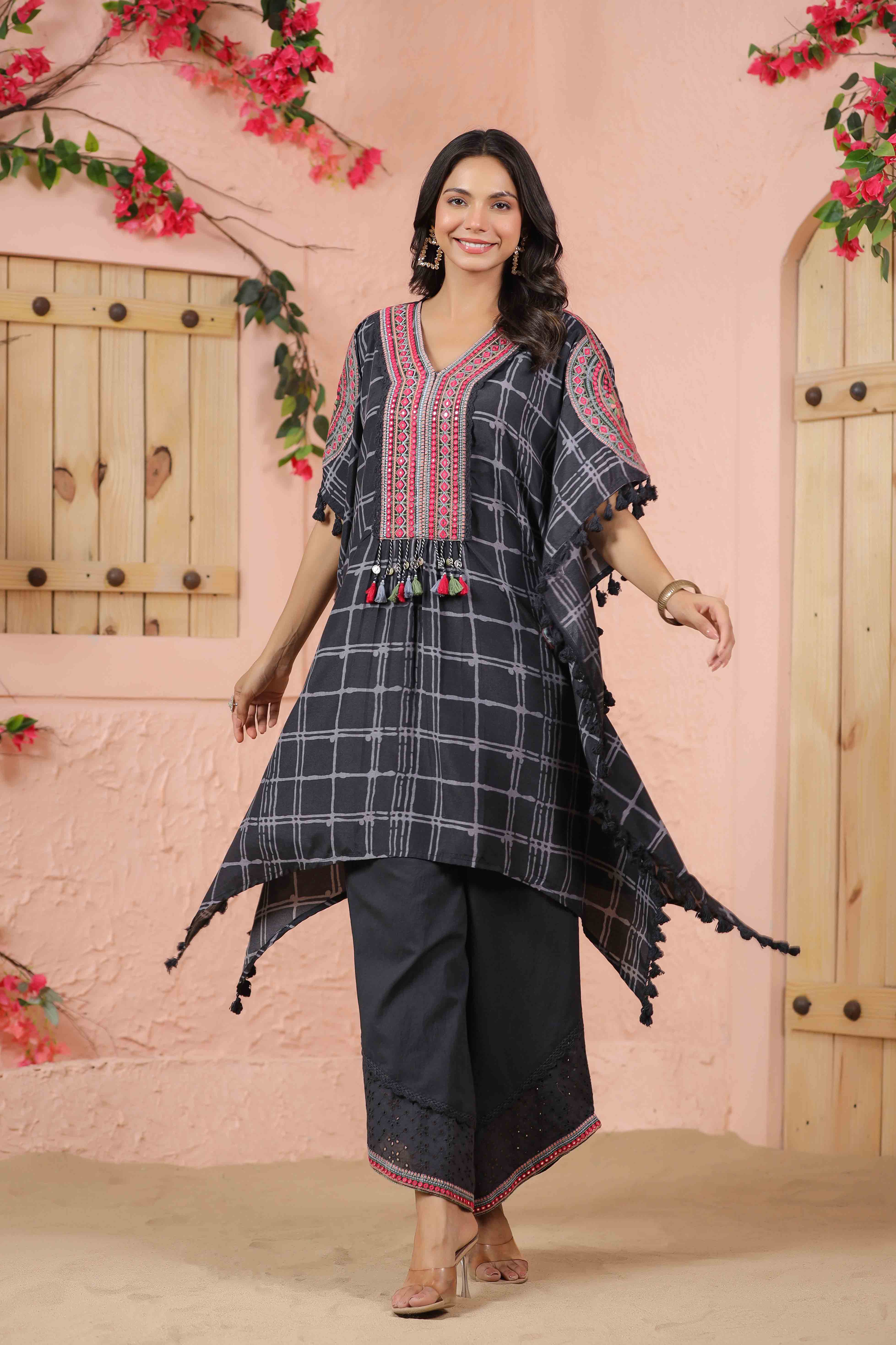 Charcoal Embroidered Kaftan Set
