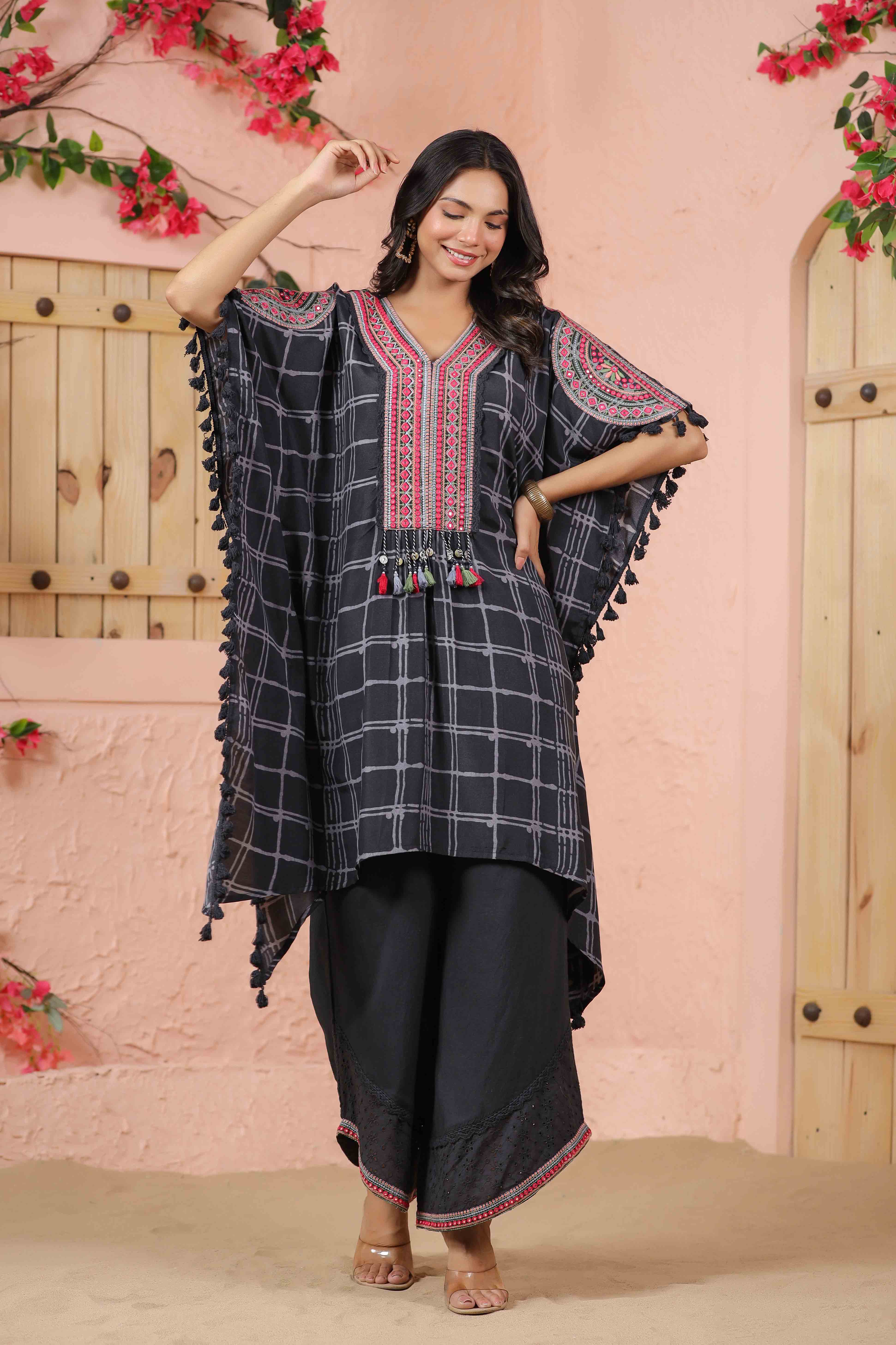 Charcoal Embroidered Kaftan Set