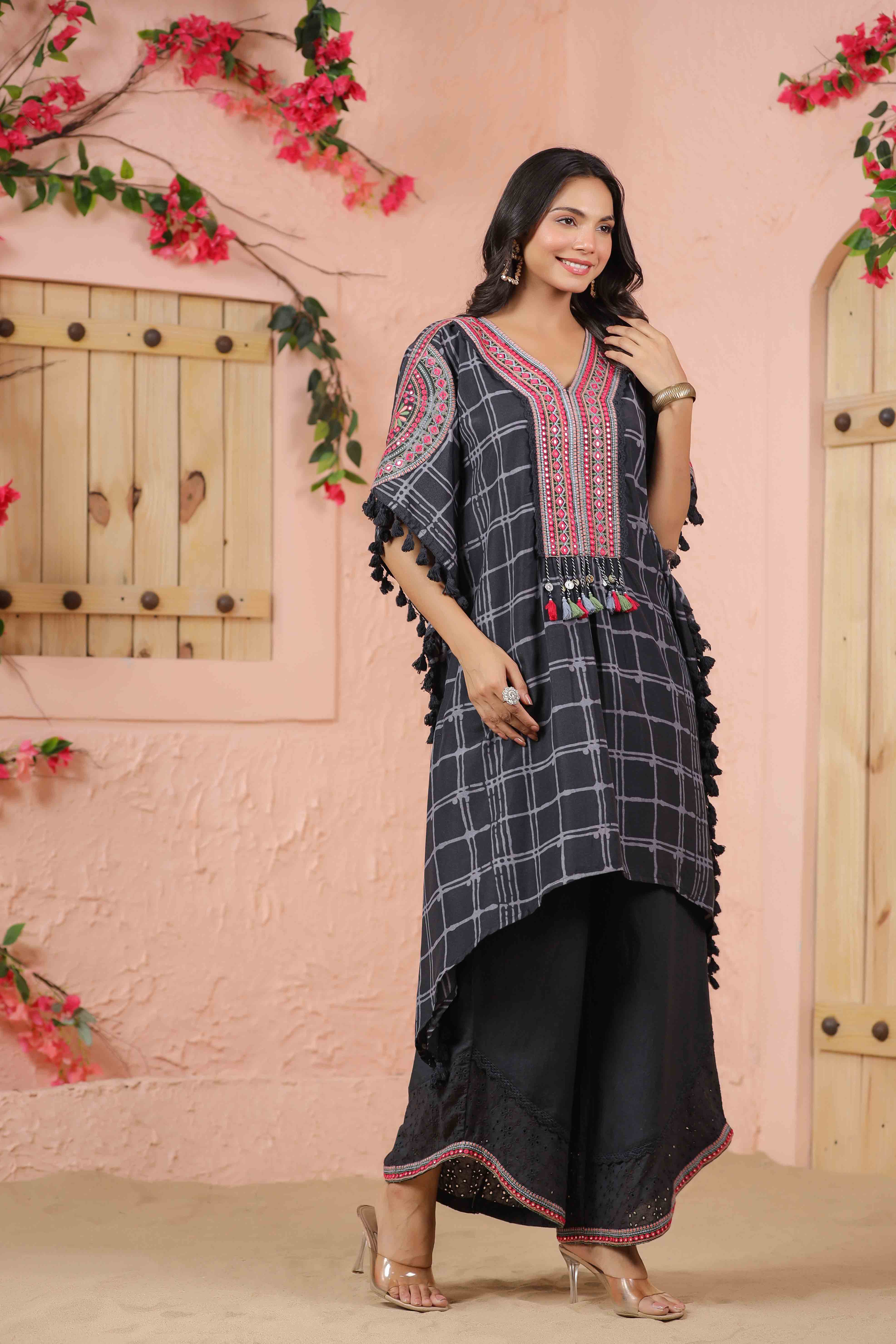 Charcoal Embroidered Kaftan Set