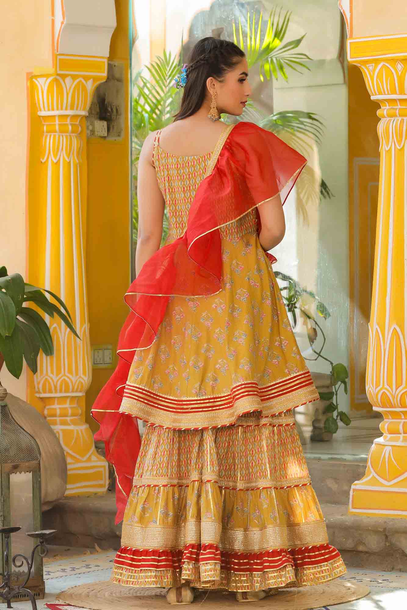 Mustard Yellow Muslin Gotapatti Sharara Set With Potli Bag
