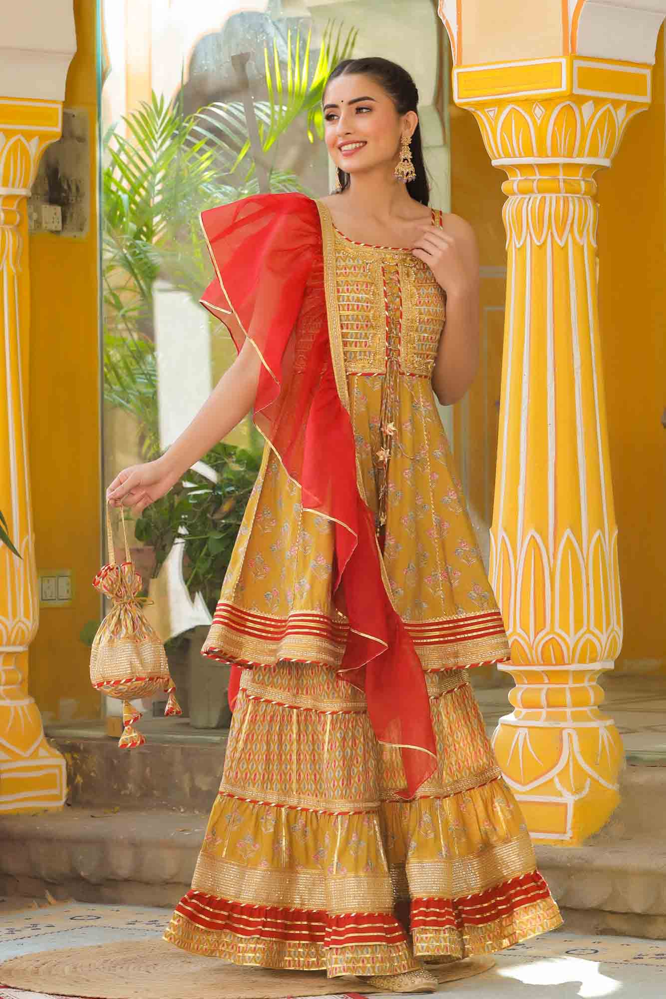 Mustard Yellow Muslin Gotapatti Sharara Set With Potli Bag