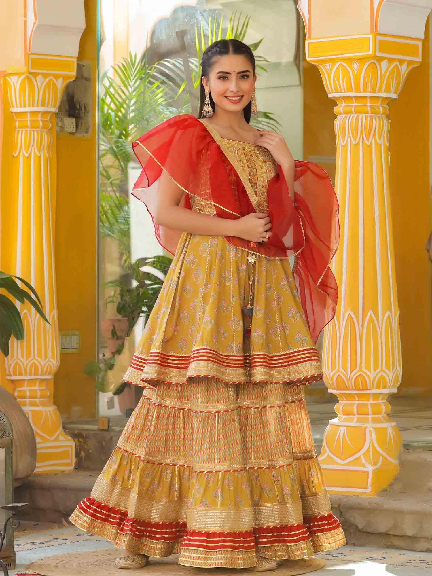 Mustard Yellow Muslin Gotapatti Sharara Set With Potli Bag