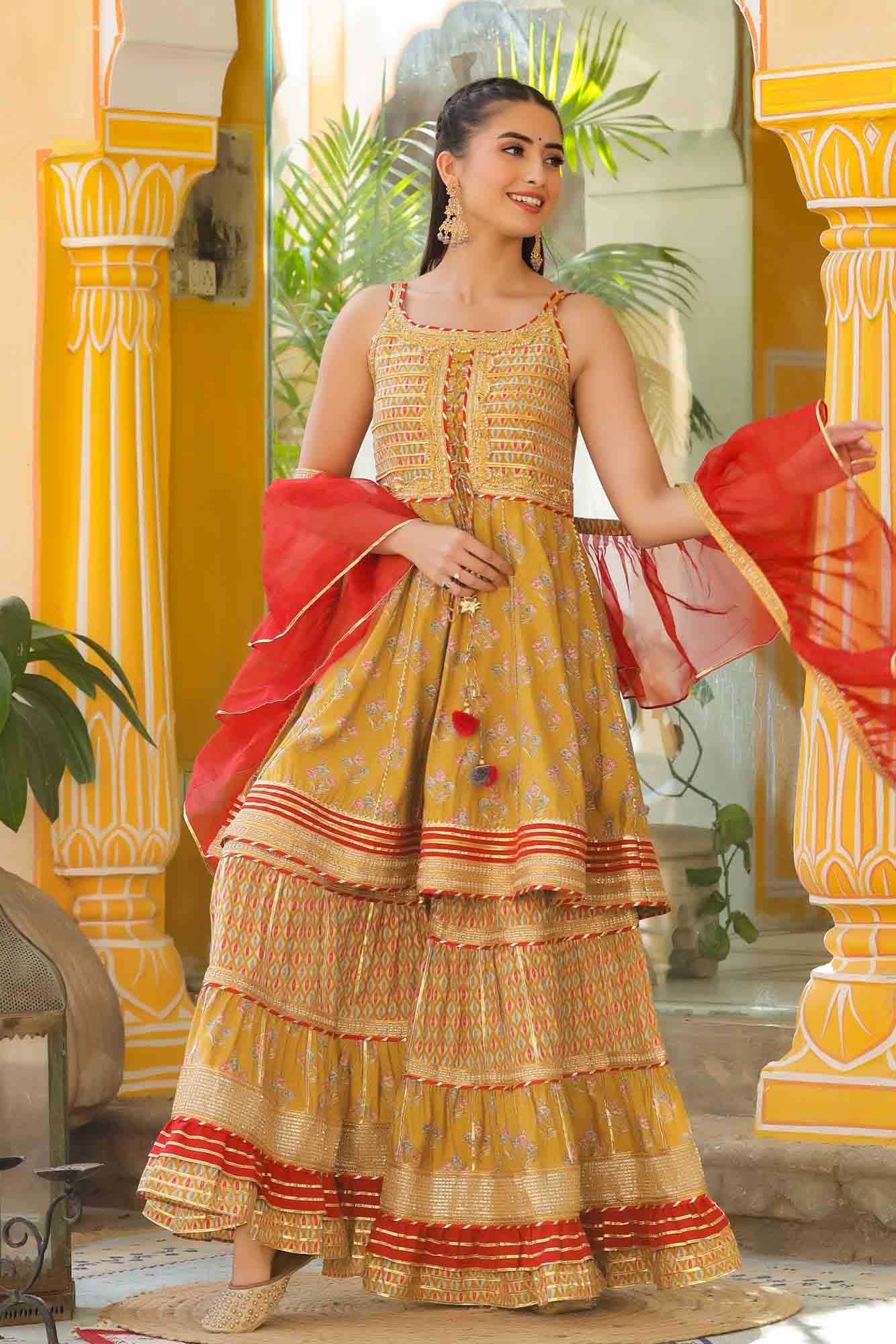 Mustard Yellow Muslin Gotapatti Sharara Set With Potli Bag