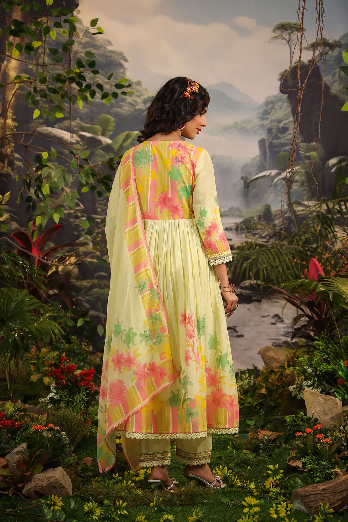 Yellow Floral Cotton Embroidered Anarkali Suit
