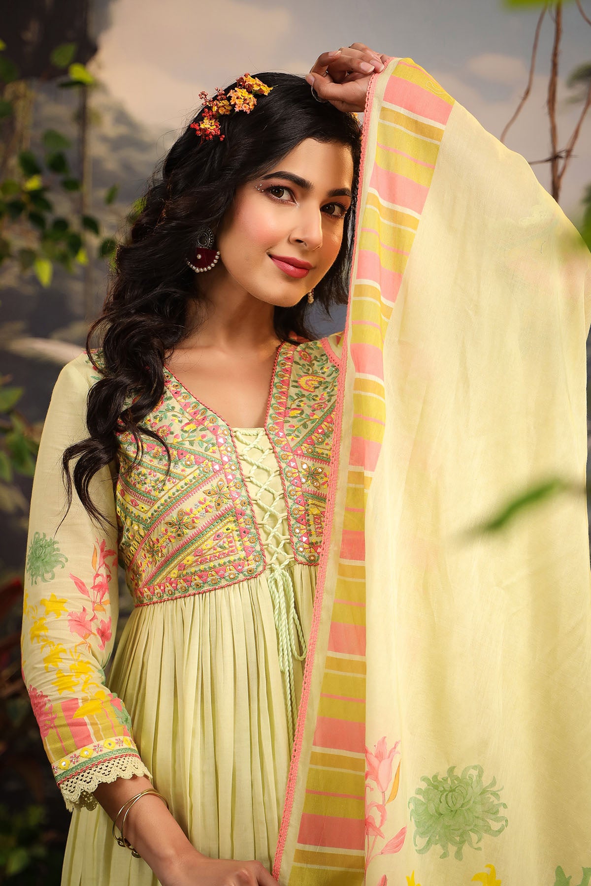 Yellow Floral Cotton Embroidered Anarkali Suit