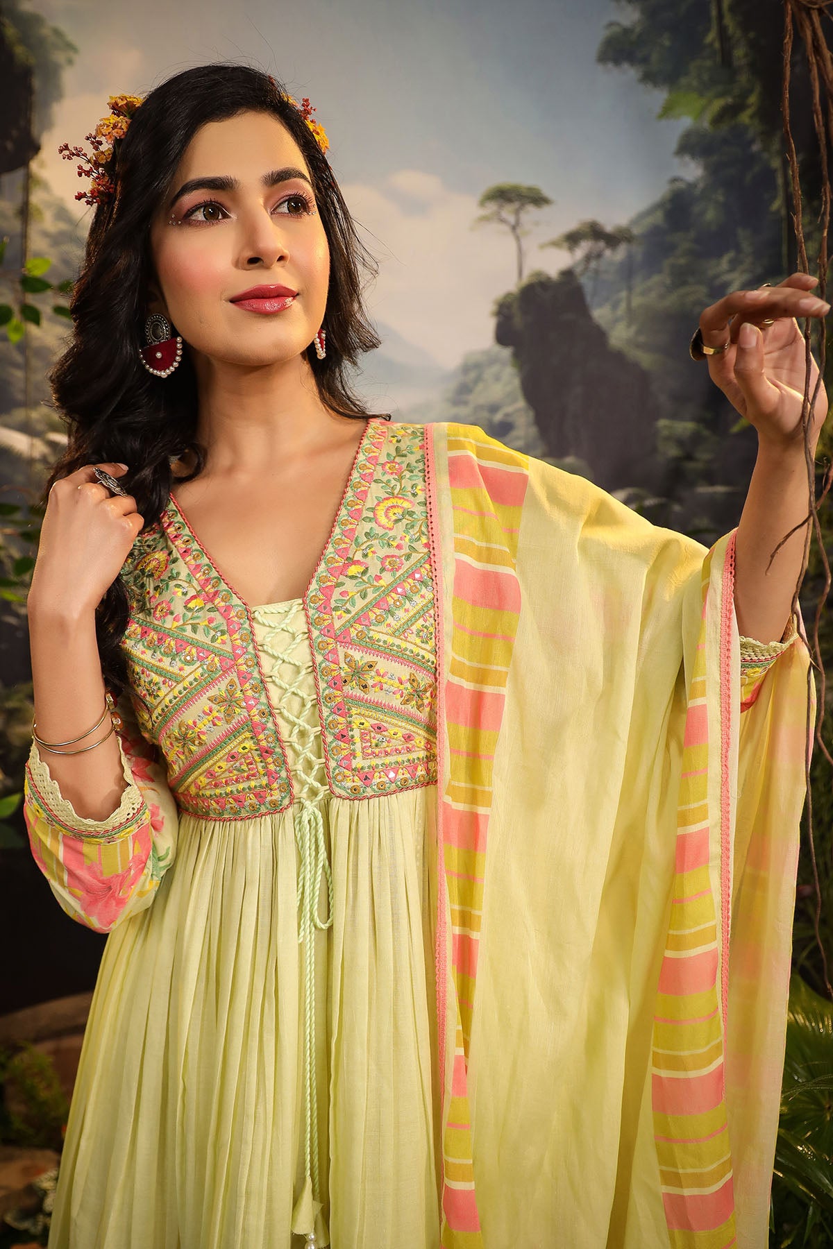 Yellow Floral Cotton Embroidered Anarkali Suit
