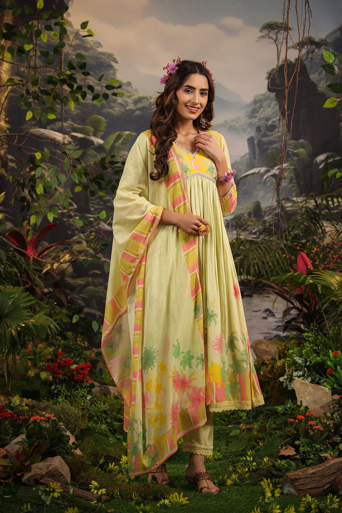 Yellow Floral Cotton Printed Anarkali Suit
