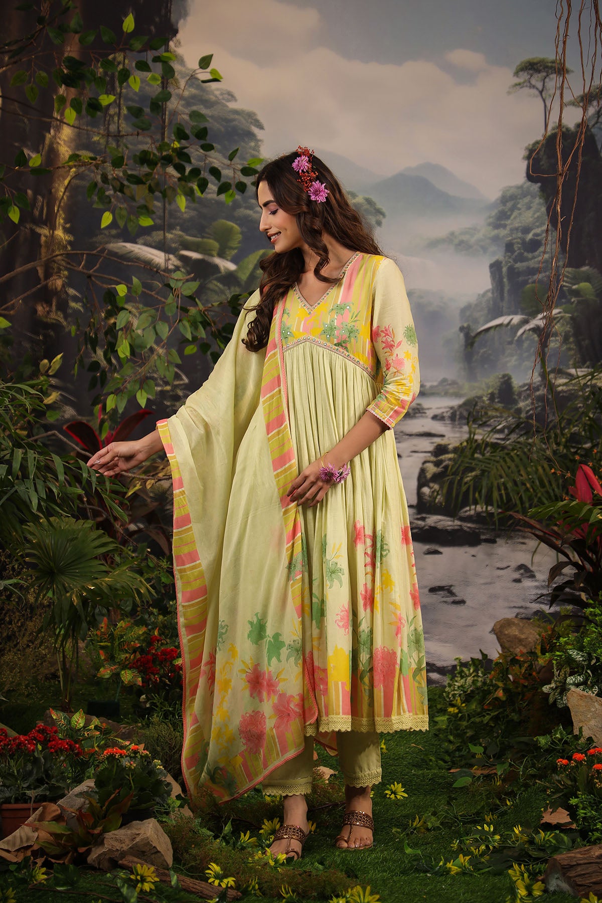 Yellow Floral Cotton Printed Anarkali Suit
