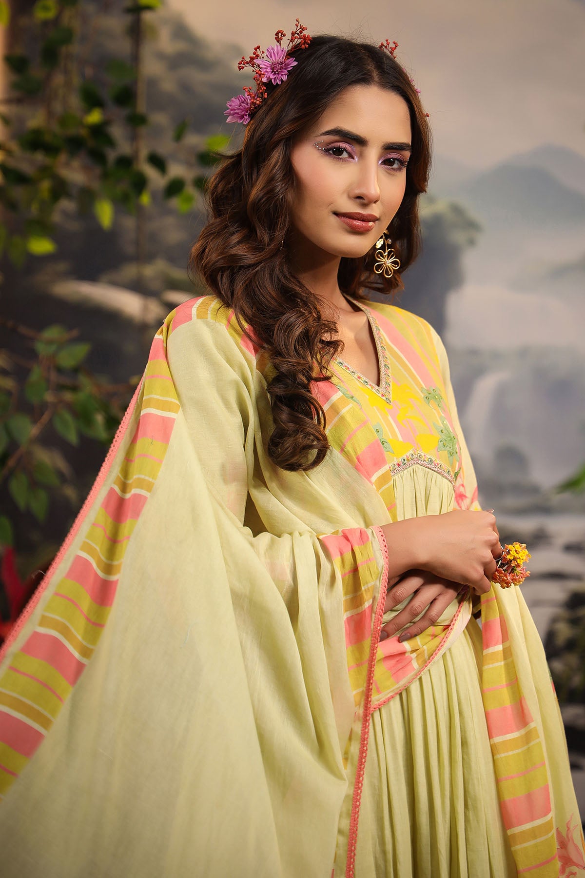 Yellow Floral Cotton Printed Anarkali Suit