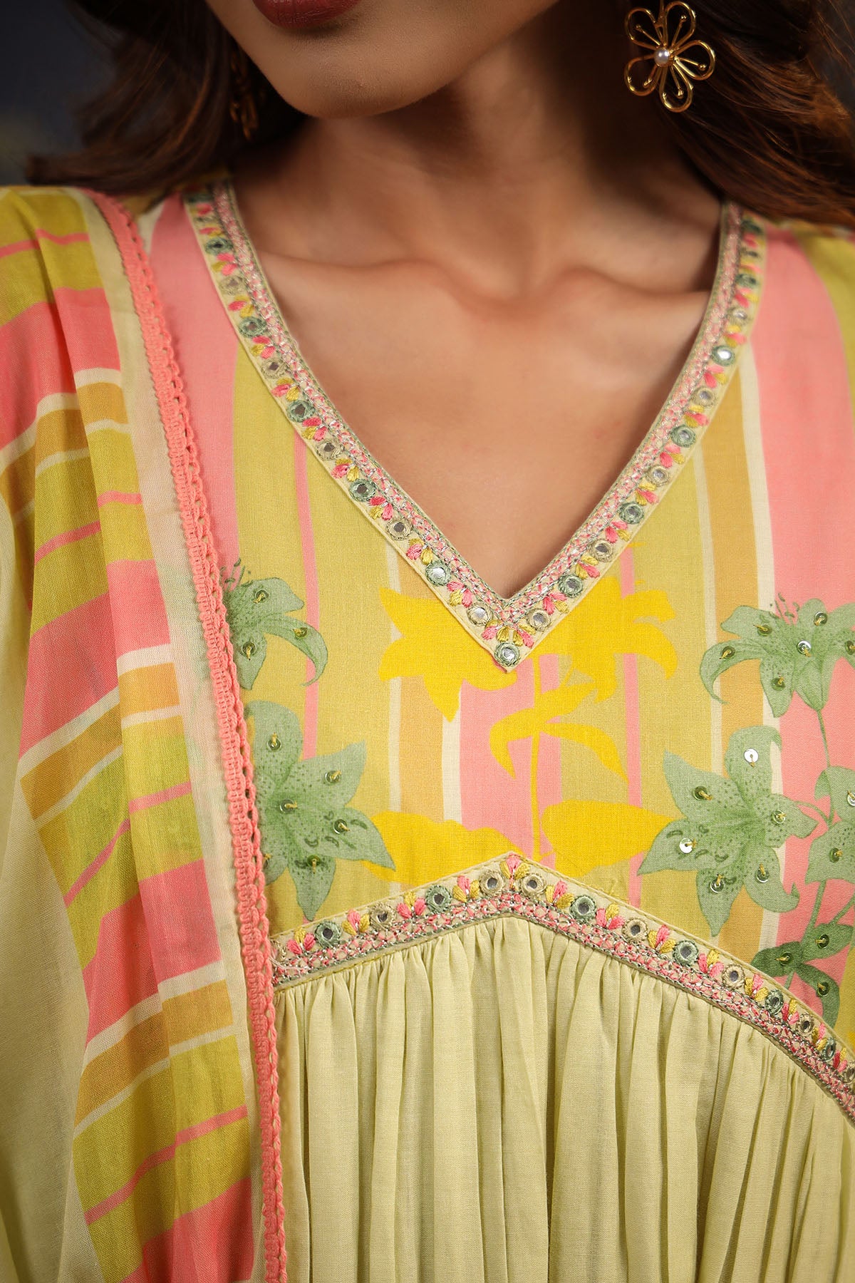 Yellow Floral Cotton Printed Anarkali Suit
