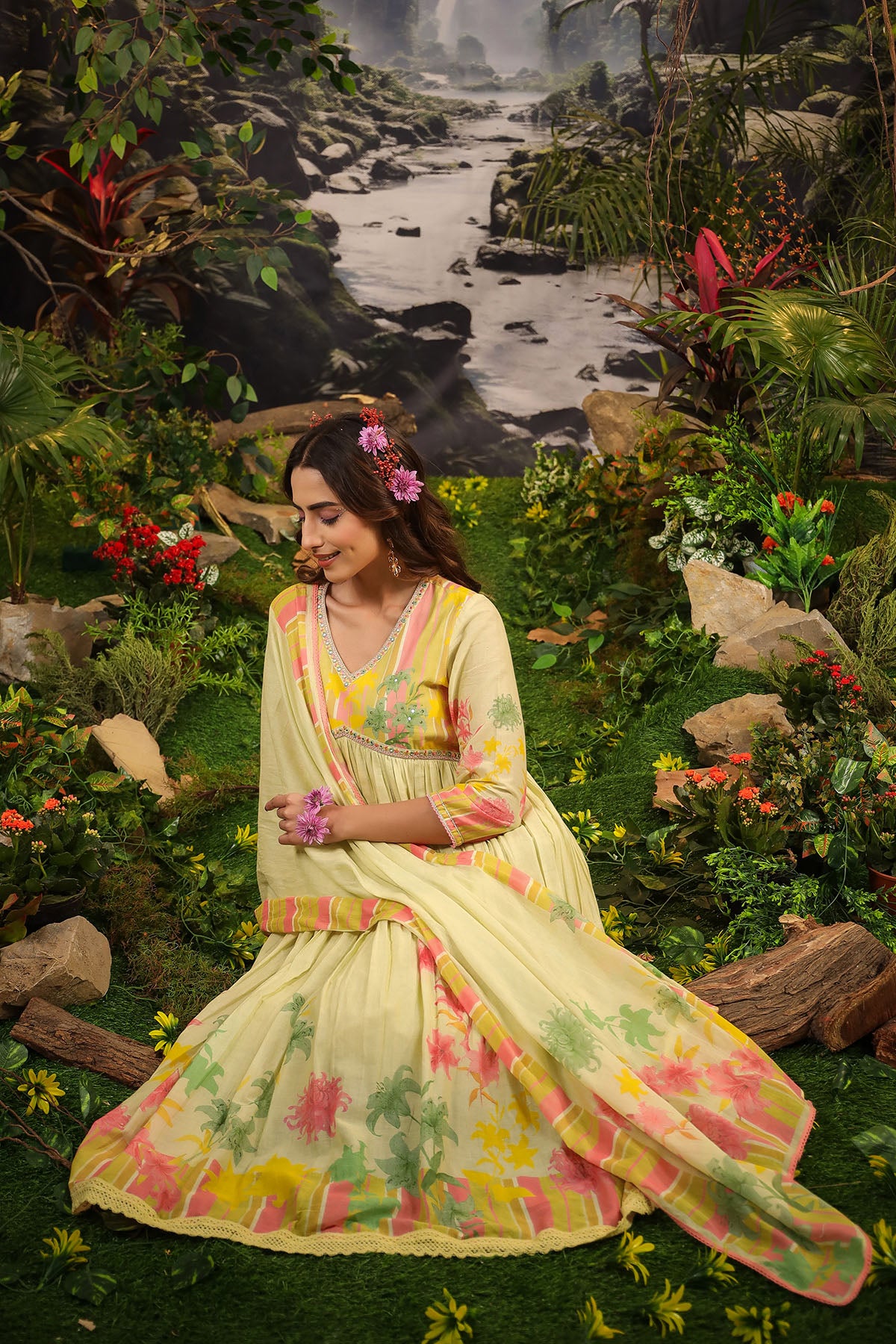 Yellow Floral Cotton Printed Anarkali Suit
