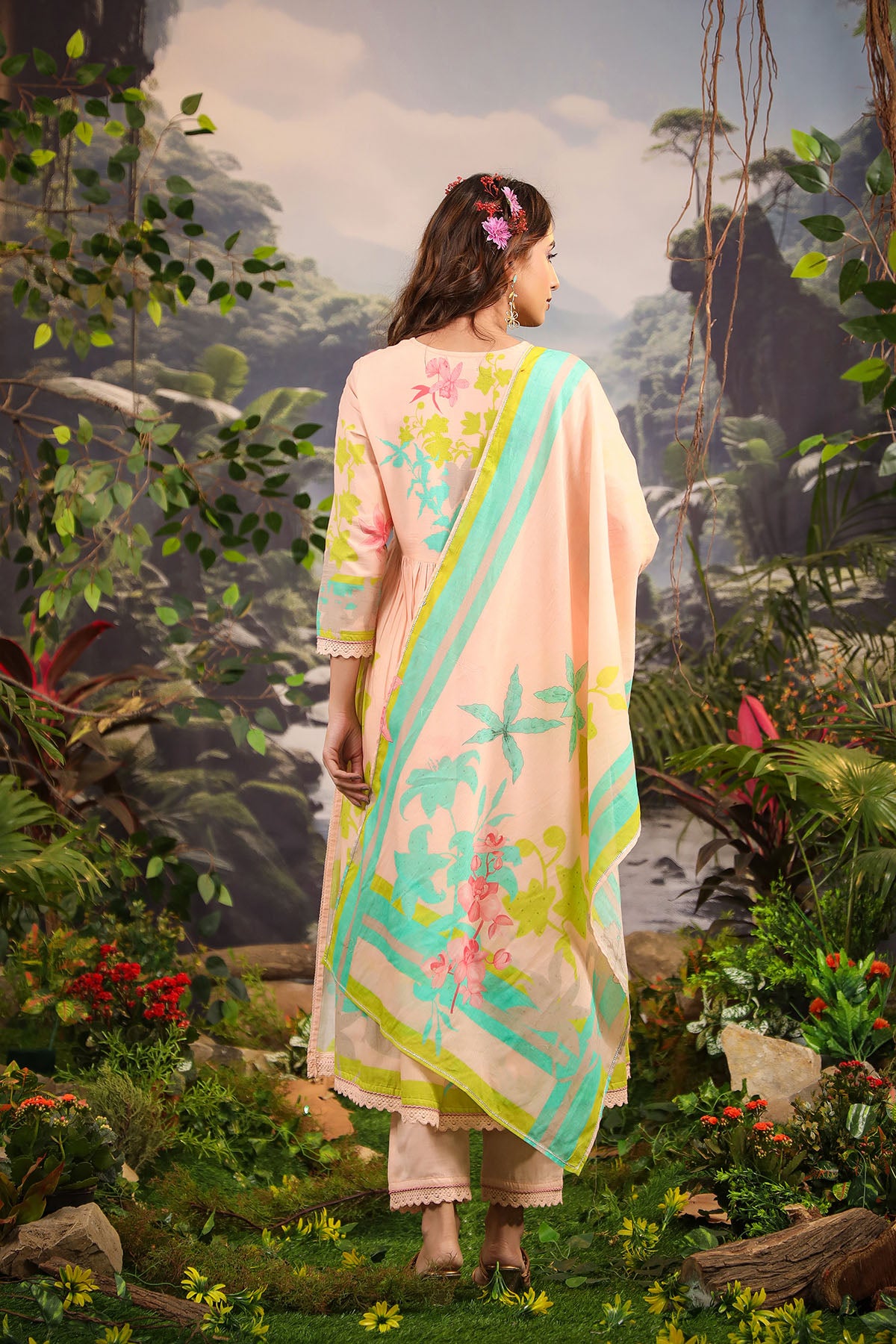 Peach Floral Cotton Embroidered Anarkali Suit
