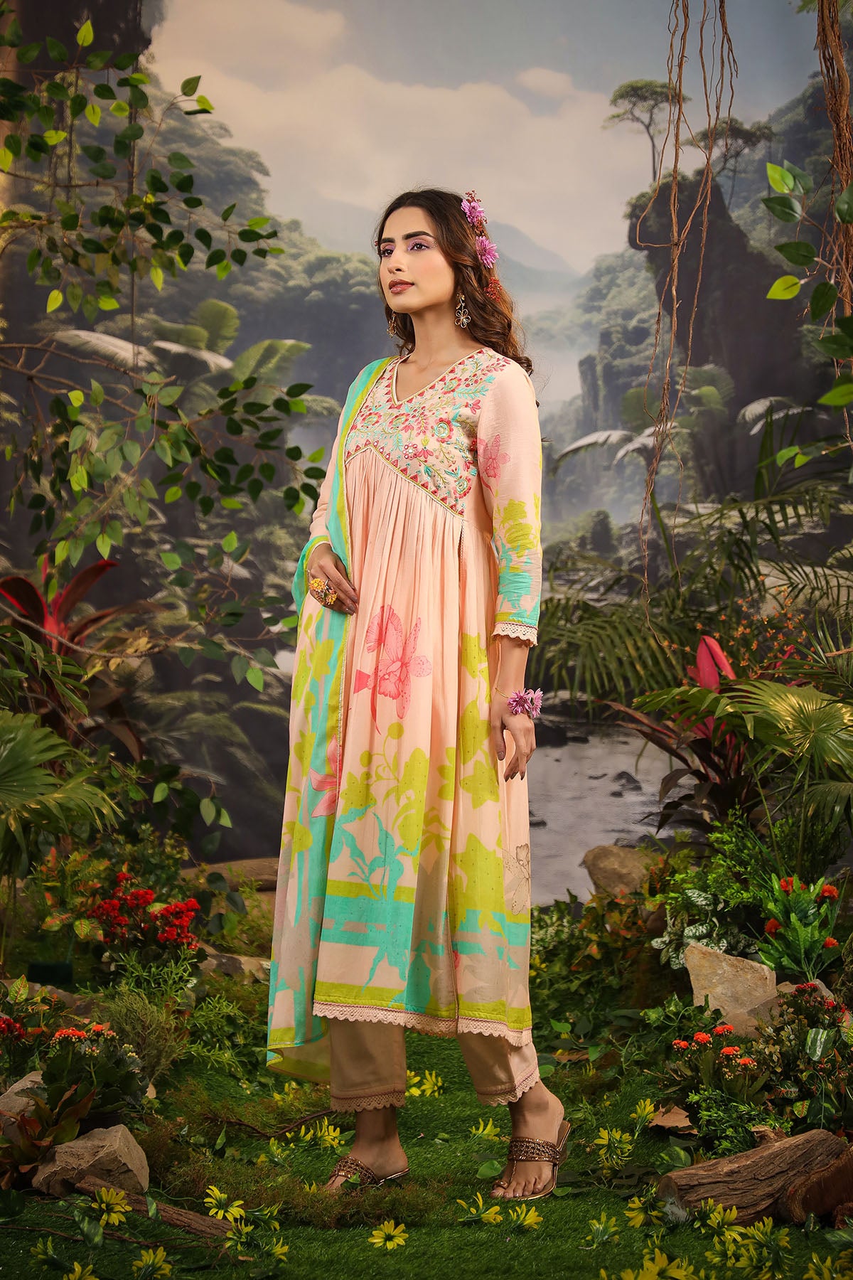 Peach Floral Cotton Embroidered Anarkali Suit