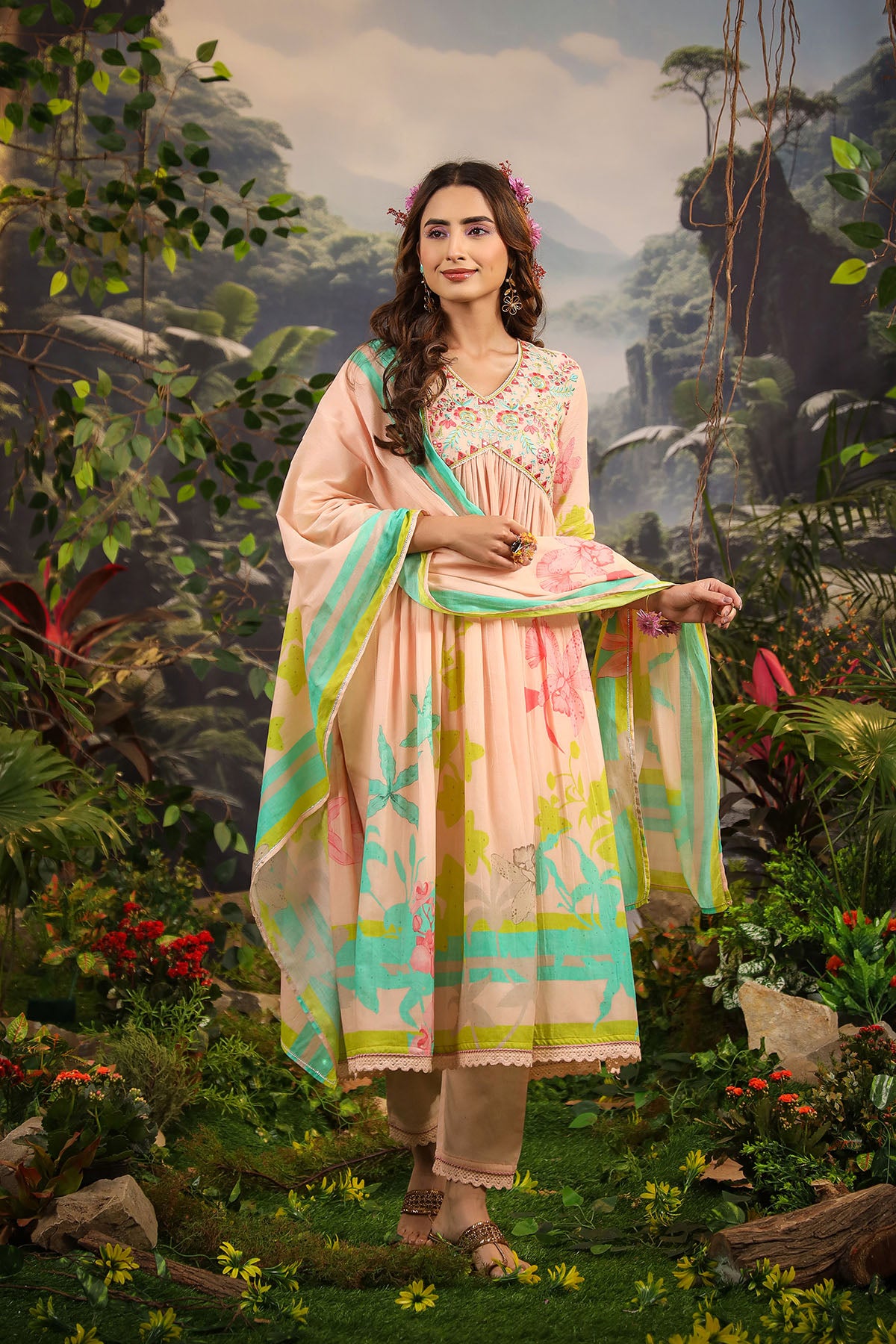 Peach Floral Cotton Embroidered Anarkali Suit