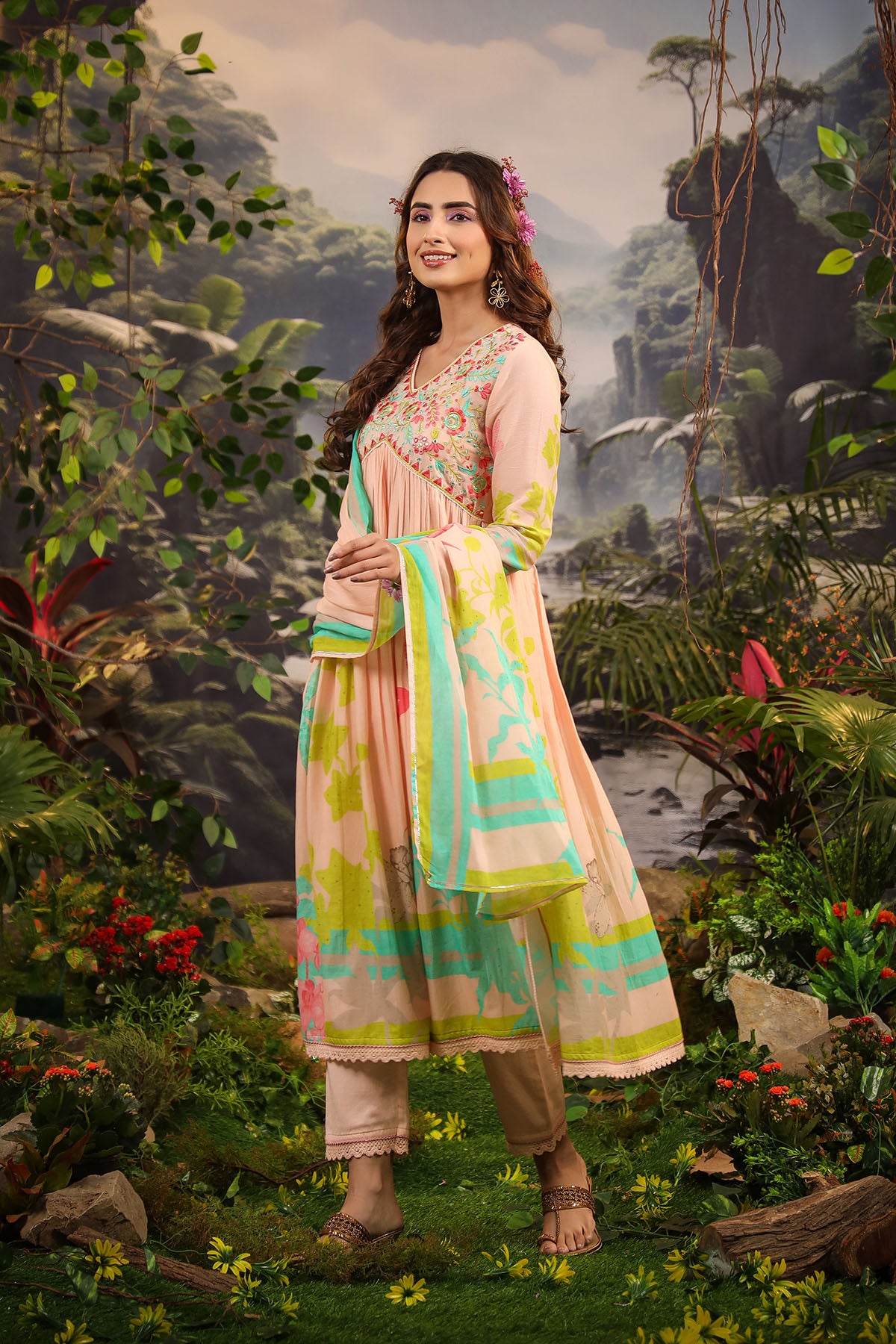Peach Floral Cotton Embroidered Anarkali Suit