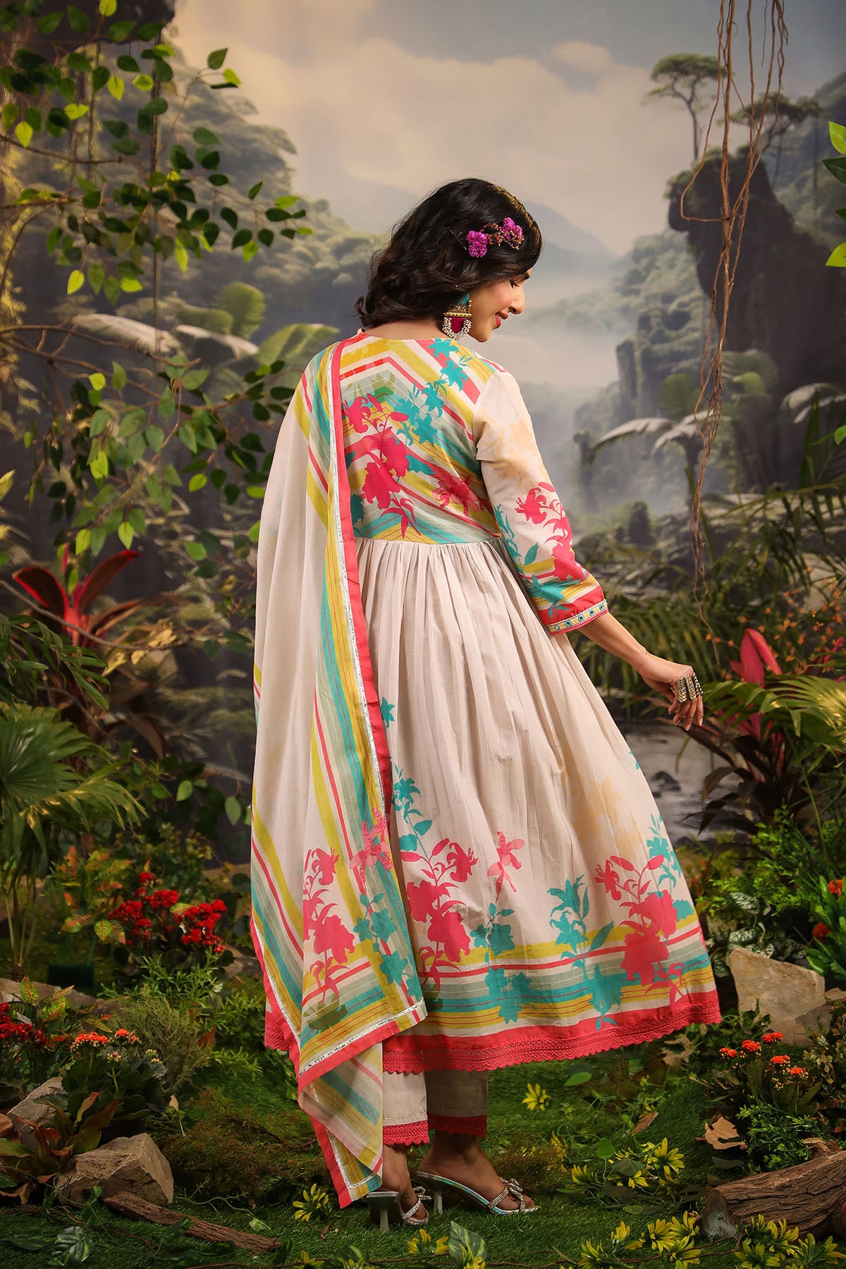 Ivory Floral Cotton Printed Anarkali Suit